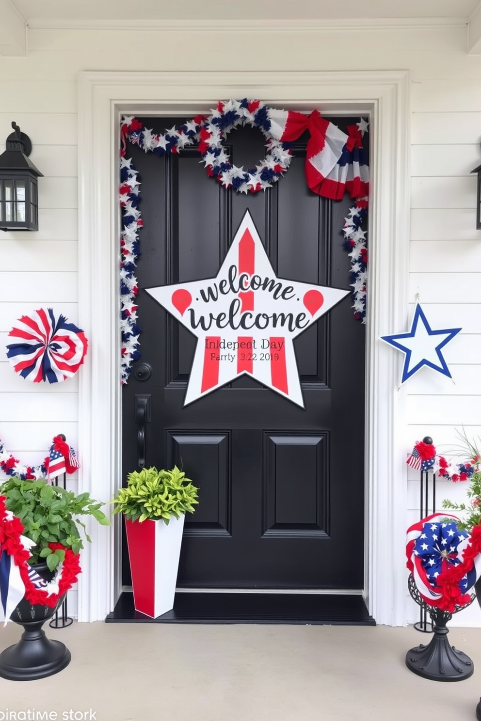 A star-shaped welcome sign is prominently displayed on the front door, creating a festive atmosphere for Independence Day. The entryway features red white and blue decorations including garlands and banners that celebrate the holiday spirit.