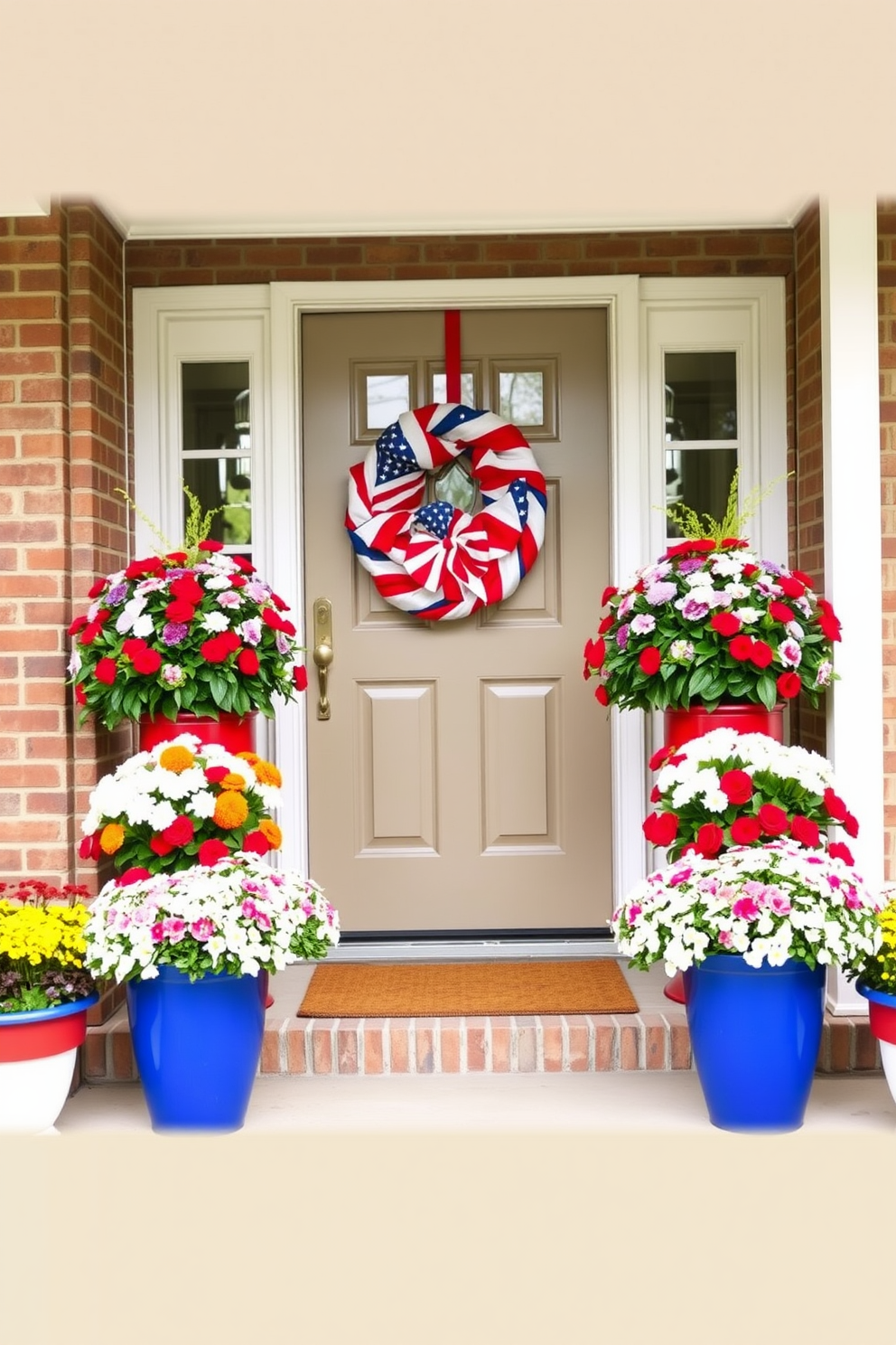 Seasonal flowers in vibrant red white and blue pots create a festive atmosphere in the entryway. The pots are arranged symmetrically on either side of a welcoming front door adorned with a patriotic wreath.