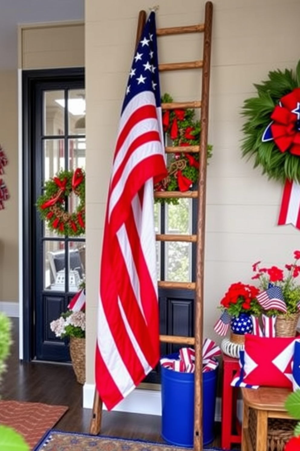 A decorative ladder leans against the wall in the entryway, adorned with a vibrant American flag draped elegantly over its rungs. The surrounding space is filled with festive red, white, and blue accents, creating a warm and inviting atmosphere for Independence Day celebrations.