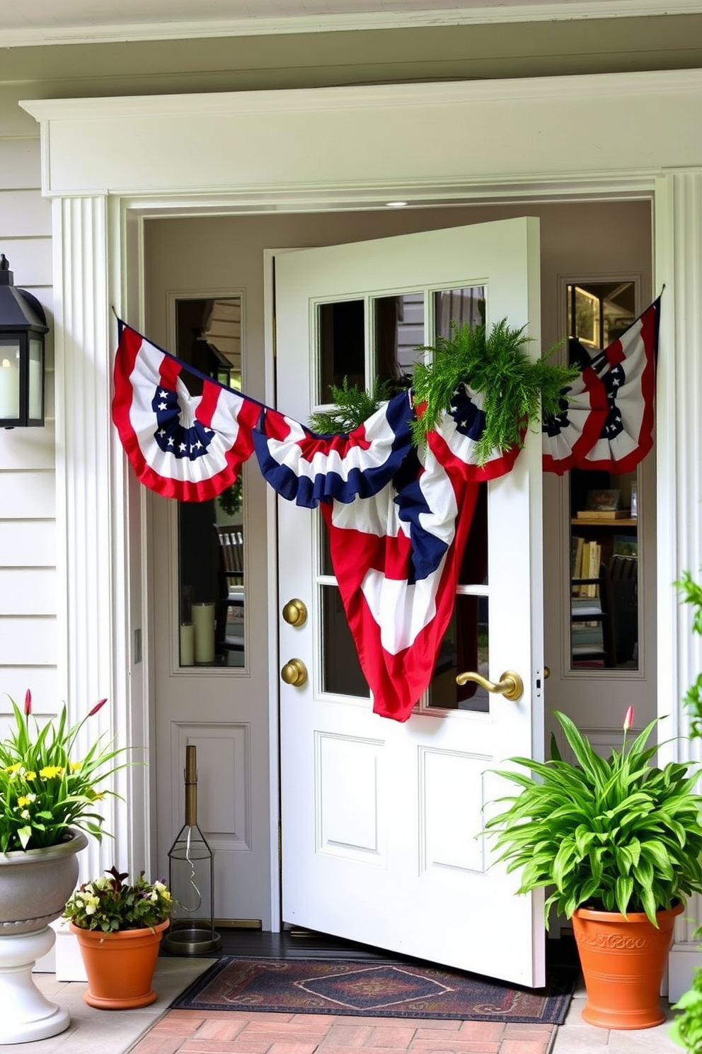 A festive entryway adorned with patriotic bunting draped around the door frame. The bunting features red white and blue colors creating a vibrant welcoming atmosphere for Independence Day celebrations.