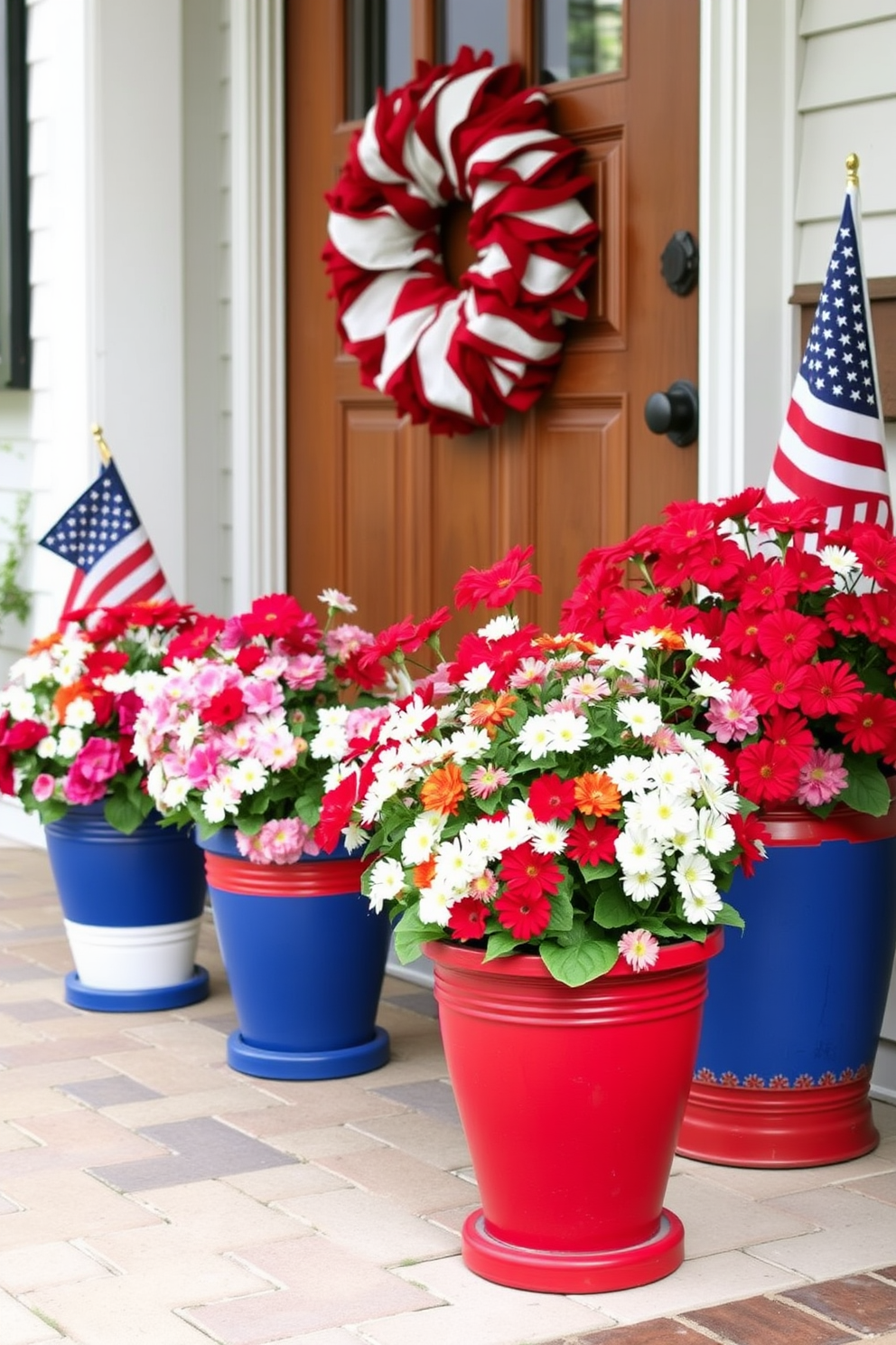 Create an inviting entryway decorated for Independence Day. Feature red white and blue painted flower pots filled with vibrant seasonal flowers placed along the entry path.