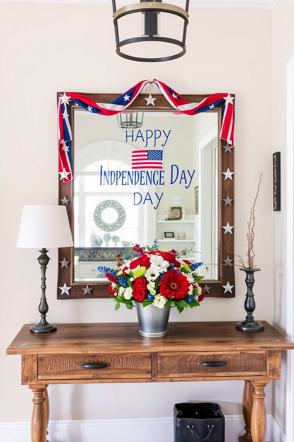 A charming entryway features a large mirror framed with stars and stripes, celebrating the spirit of Independence Day. Below the mirror, a rustic console table holds a bouquet of red, white, and blue flowers, creating a festive atmosphere.