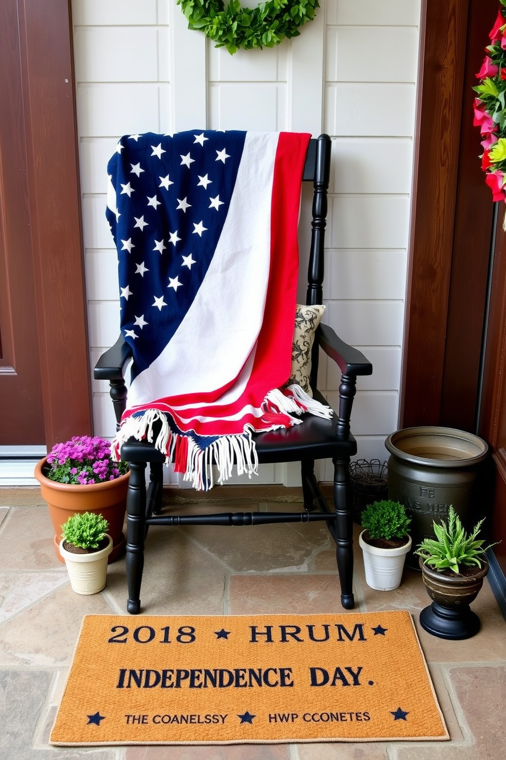 A festive chair is positioned in the entryway adorned with a vibrant patriotic throw blanket draped casually over the back. Surrounding the chair are decorative elements such as small potted plants and a welcoming doormat that enhance the Independence Day theme.