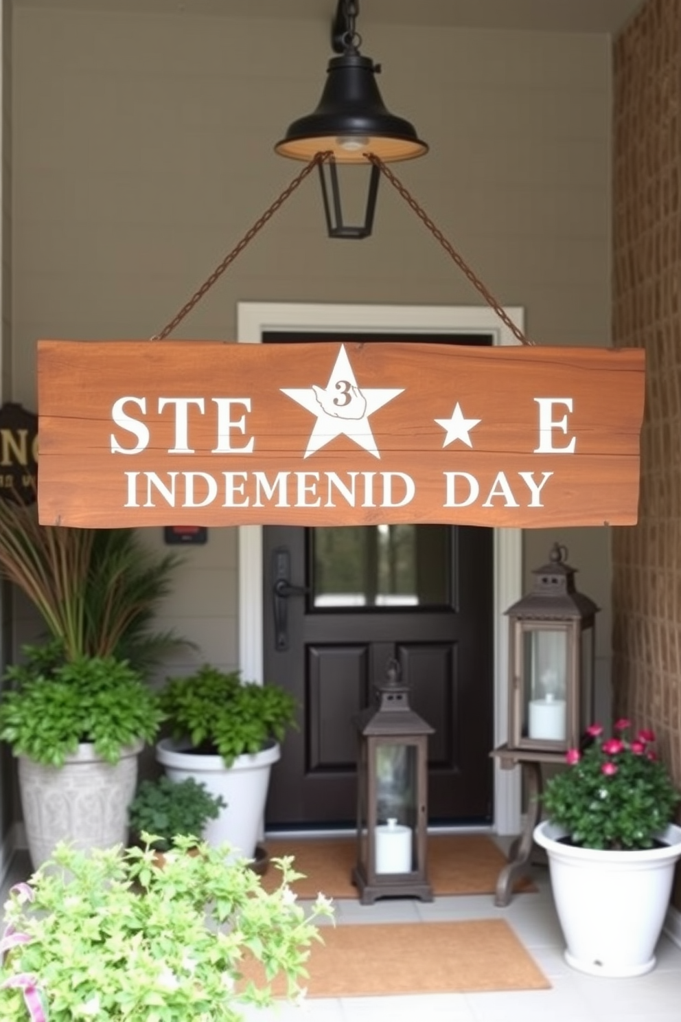 A rustic wooden sign hangs prominently in the entryway, featuring a bold stars and stripes design that captures the spirit of Independence Day. Surrounding the sign, there are decorative elements such as potted plants and a vintage lantern, creating a warm and inviting atmosphere.