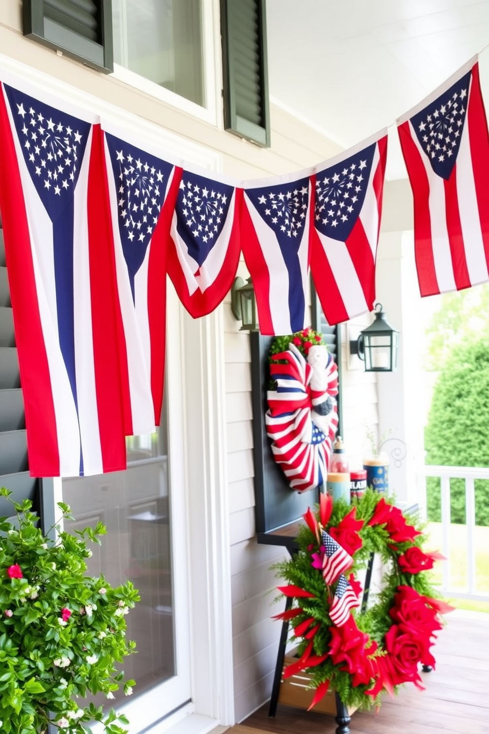 Hanging vibrant flags from the porch railing creates a festive atmosphere for Independence Day celebrations. The flags should be arranged in a way that showcases their colors and patterns, inviting guests to feel the spirit of patriotism as they enter your home. For the entryway, consider a welcoming display that incorporates red, white, and blue elements. A decorative table adorned with thematic accessories and a seasonal wreath can enhance the festive vibe while setting the tone for the holiday.