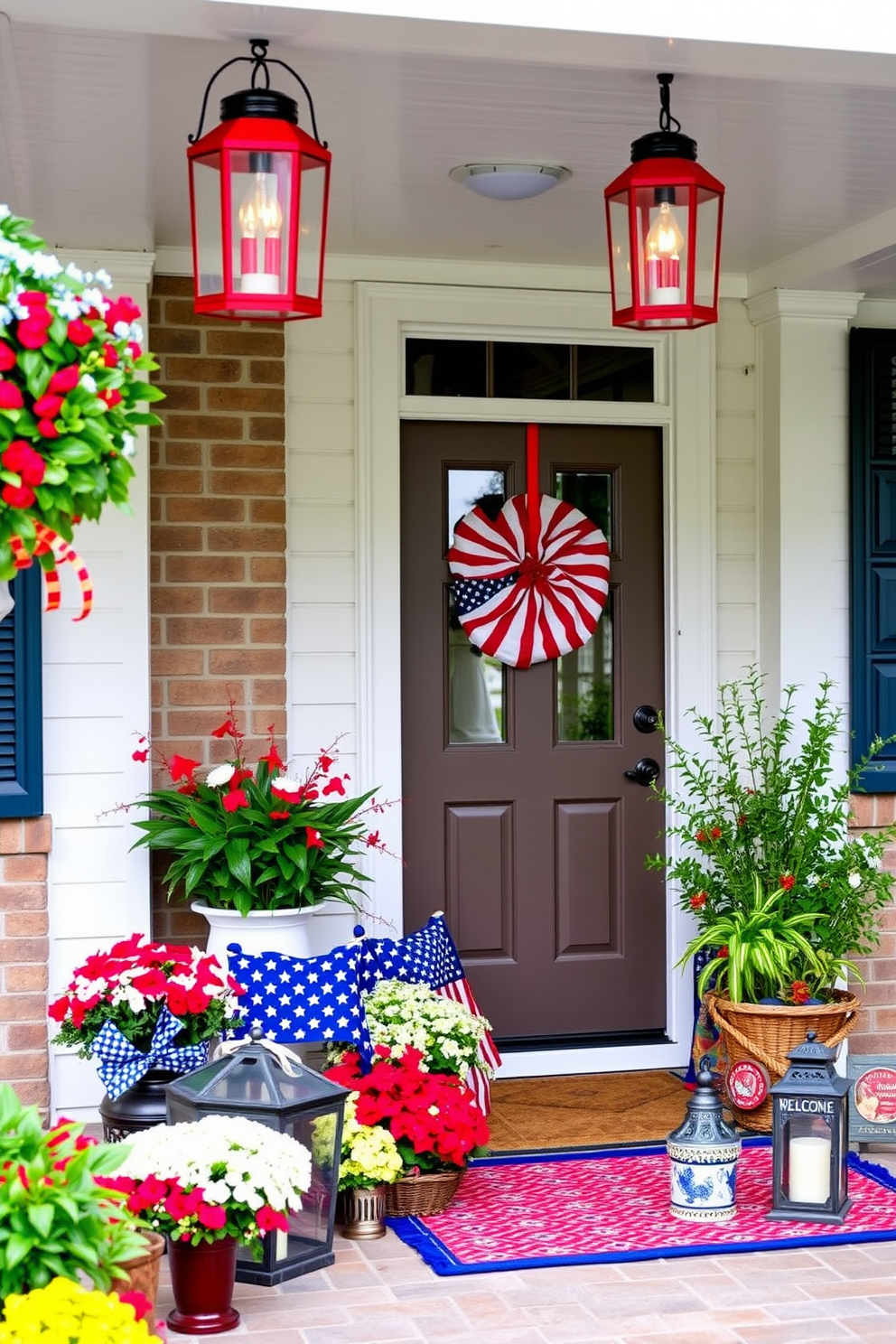 Red white blue lanterns adorn the porch creating a festive atmosphere for Independence Day. The entryway features a charming arrangement of seasonal decorations, including a welcoming wreath and patriotic-themed accents.