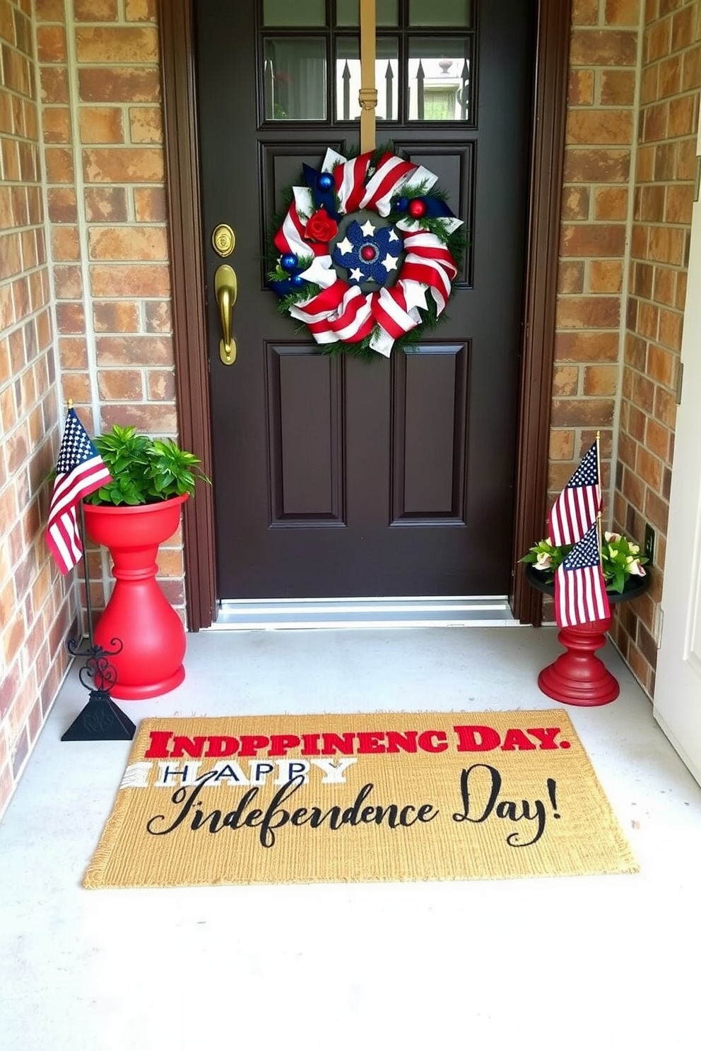 A burlap welcome mat is placed at the entrance, featuring a vibrant patriotic design that celebrates Independence Day. The entryway is adorned with red, white, and blue accents, including a decorative wreath on the door and small American flags in planters.