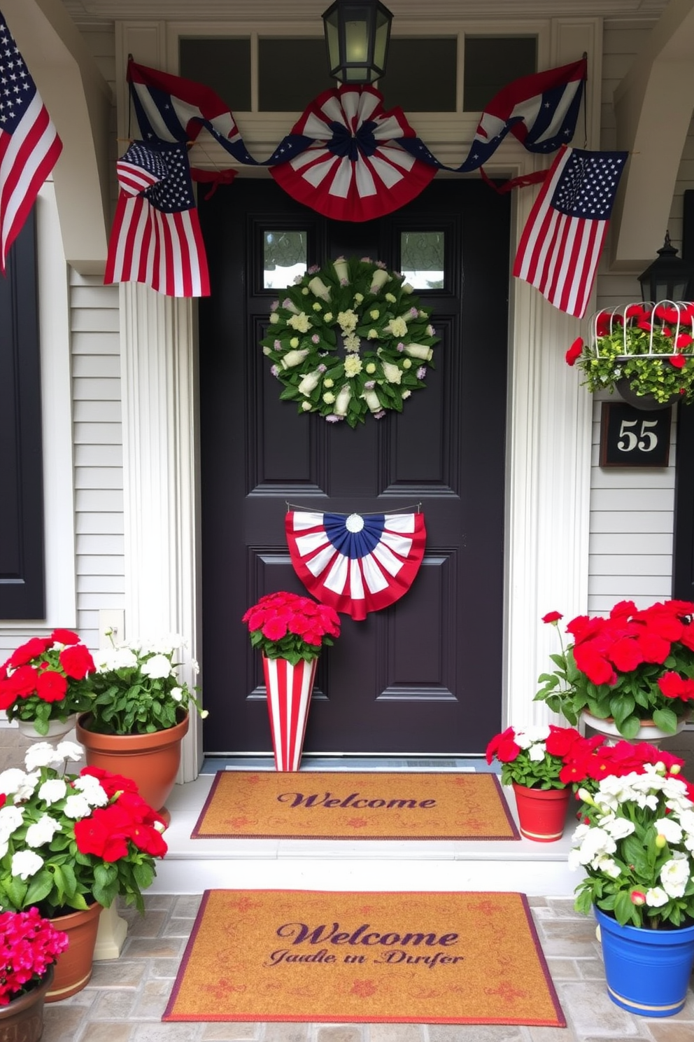 A vibrant entryway adorned with potted red and white flowers creates a festive atmosphere for Independence Day. The entryway features a welcoming mat, and patriotic decorations hang from the door, enhancing the celebratory spirit.