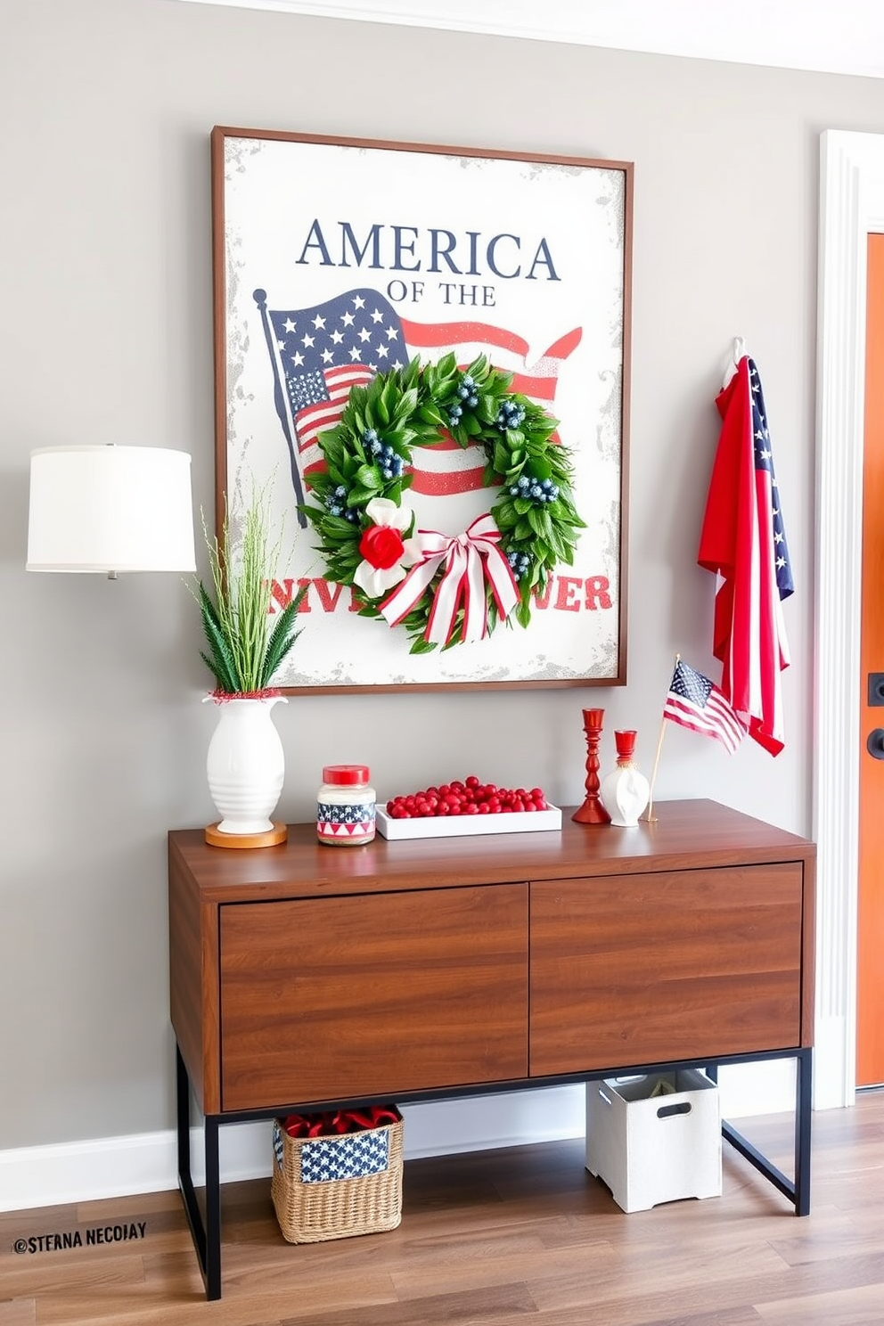 Americana themed wall art is displayed prominently above a sleek wooden console table. The entryway is adorned with festive decorations celebrating Independence Day, including red white and blue accents and a charming wreath on the door.