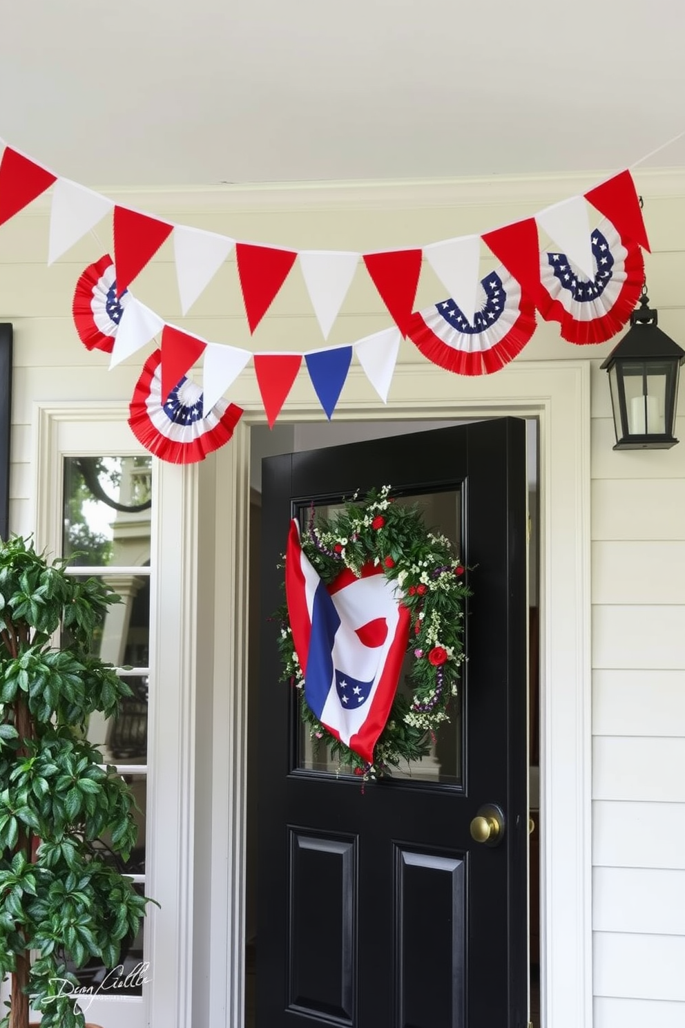 A festive entryway adorned with vibrant bunting celebrating Independence Day. The bunting is draped elegantly across the doorway, featuring red, white, and blue colors that evoke a patriotic spirit.