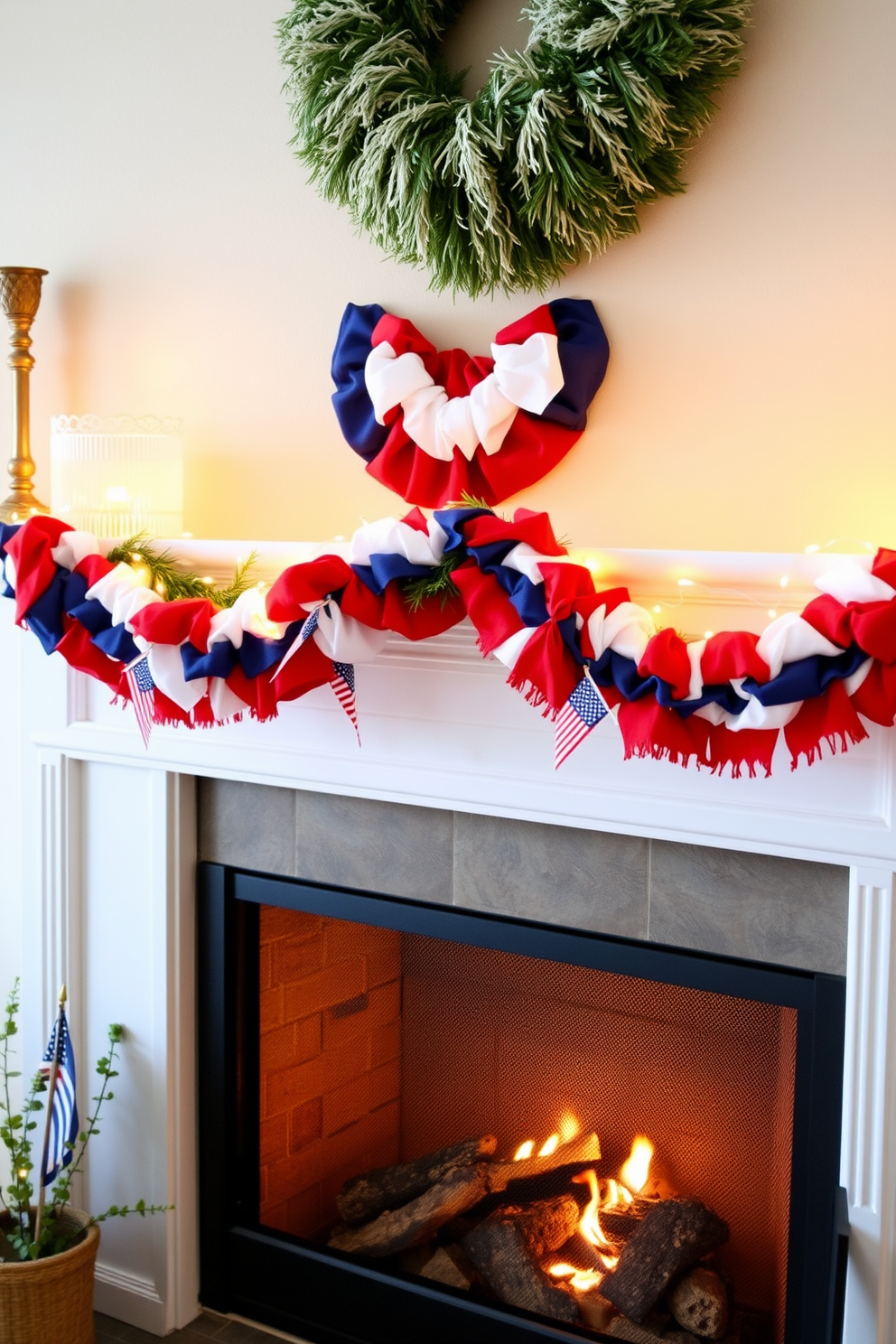 A festive fireplace adorned with a red white and blue garland draped elegantly across the mantel. The garland is complemented by small decorative flags and twinkling fairy lights, creating a warm and inviting atmosphere for Independence Day celebrations.