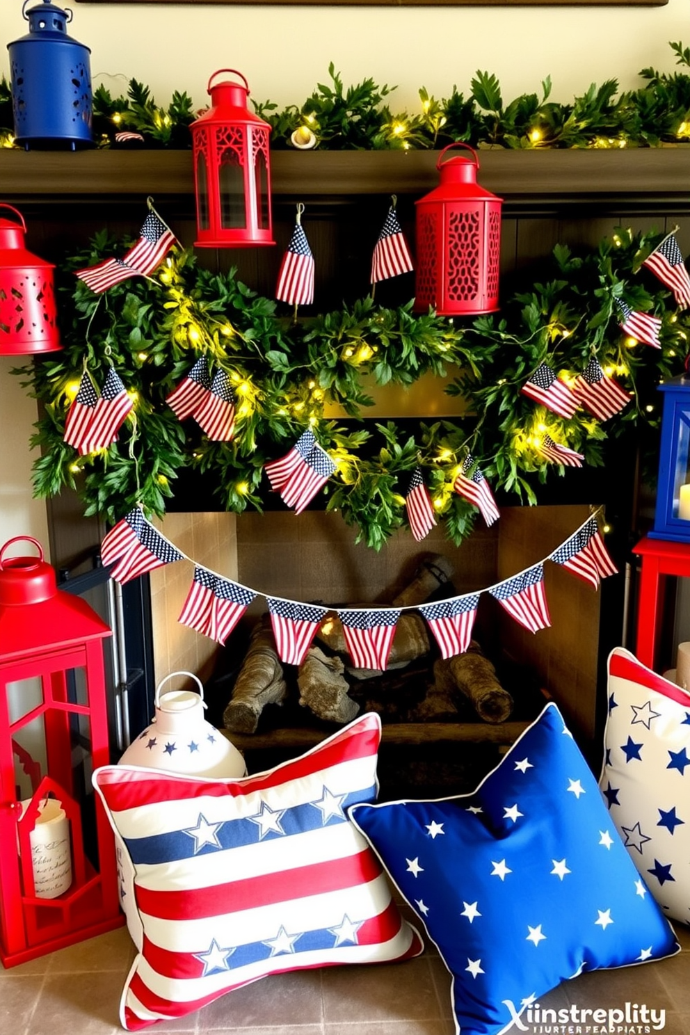 Decorative lanterns in red, white, and blue are placed strategically around the fireplace, creating a festive atmosphere for Independence Day. The lanterns vary in size and design, some featuring stars and stripes, while others have intricate cut-out patterns that cast beautiful shadows on the walls. The fireplace itself is adorned with a garland of faux greenery intertwined with small American flags and twinkling fairy lights. A set of matching patriotic-themed throw pillows is arranged on the nearby seating to enhance the cozy and celebratory feel of the space.