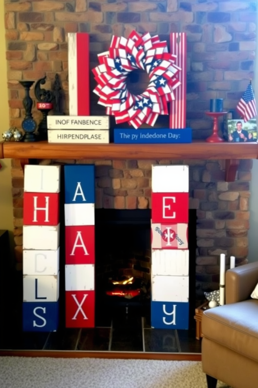 A cozy living room setting featuring a fireplace adorned with wooden blocks painted in red, white, and blue to celebrate Independence Day. The fireplace is surrounded by a rustic mantel decorated with patriotic-themed decor and a wreath made of stars and stripes.