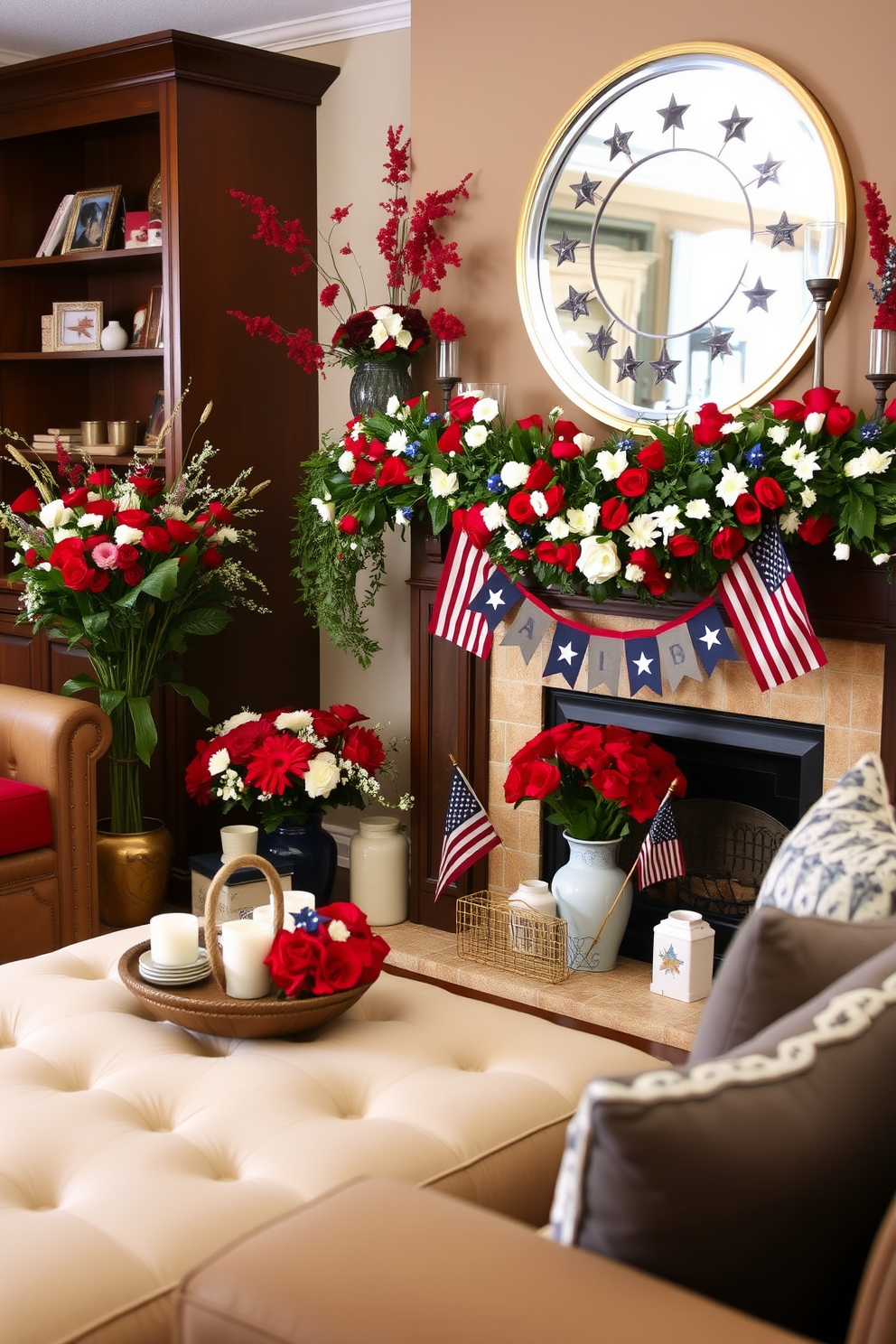 A cozy living room setting adorned with seasonal flowers in red white and blue hues to celebrate Independence Day. The fireplace is elegantly decorated with a garland of fresh flowers and patriotic-themed accents, creating a warm and inviting atmosphere.