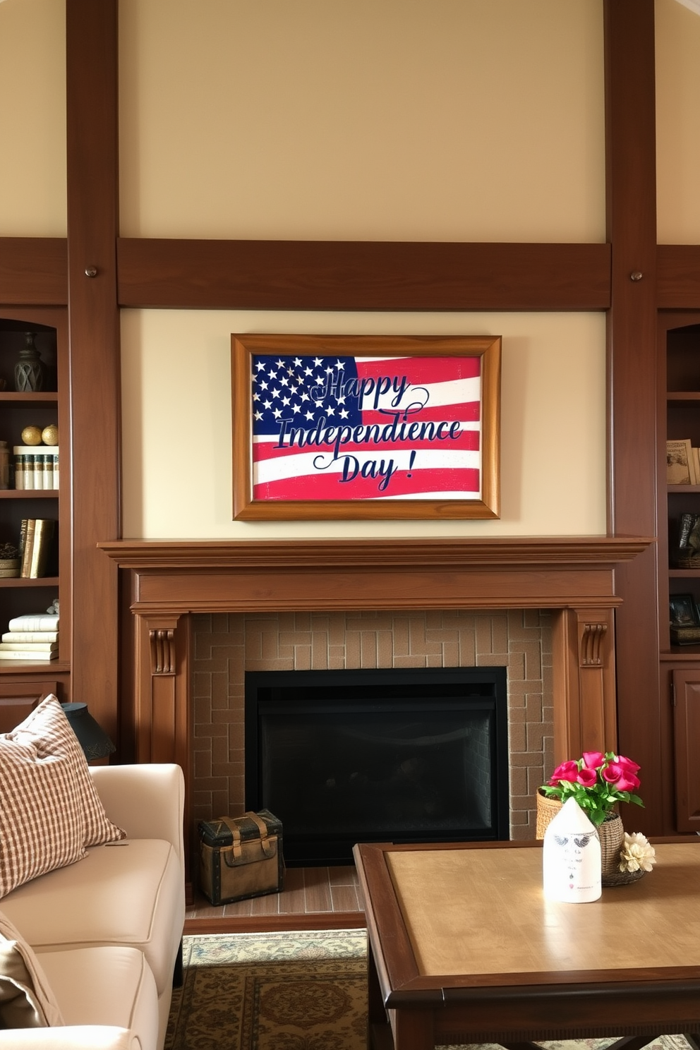 A cozy living room features a classic fireplace adorned with patriotic themed artwork celebrating Independence Day. The artwork showcases vibrant red white and blue colors and is framed in a rustic wood frame that complements the warm tones of the room.