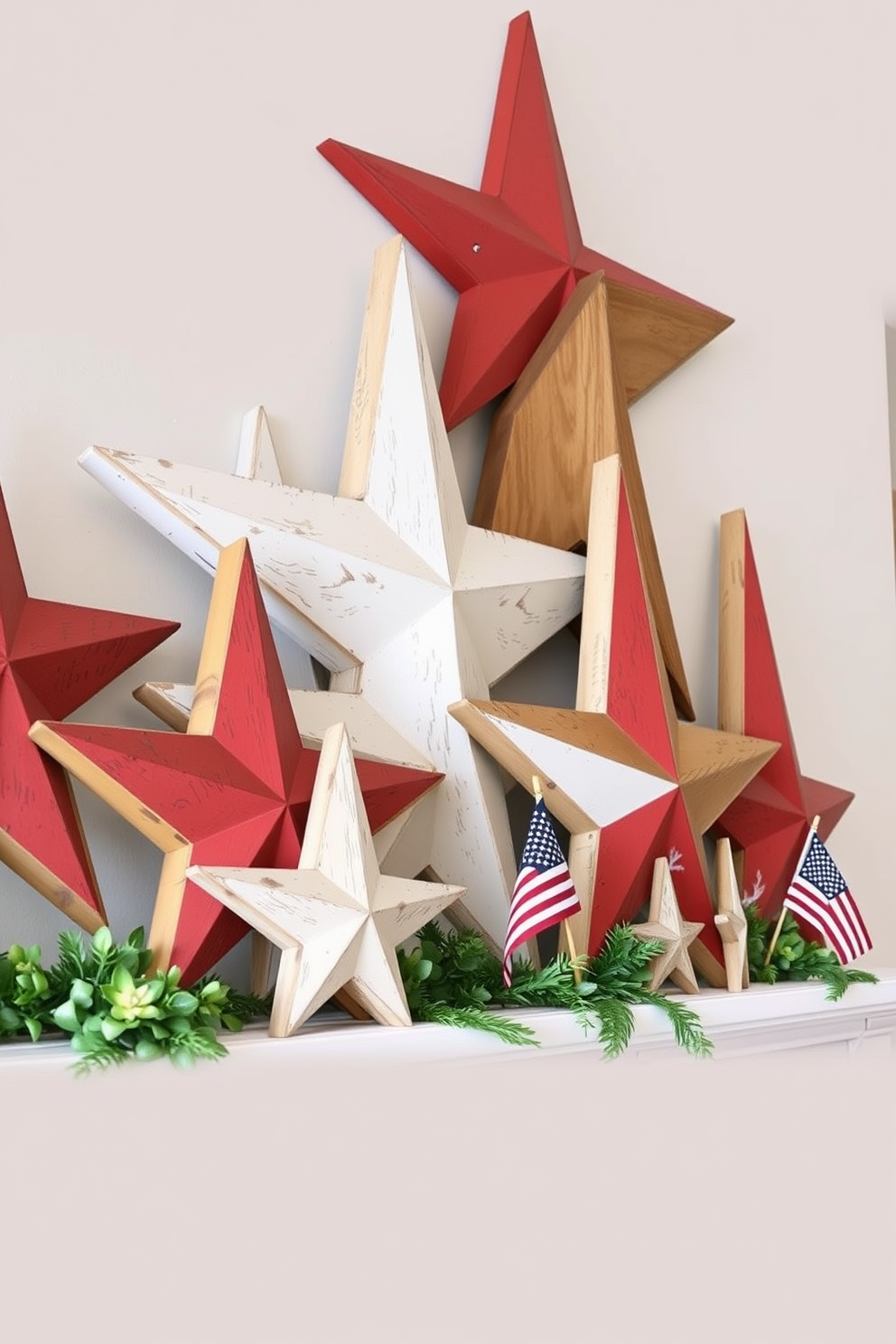 Rustic wooden stars in varying sizes are arranged as mantel decor, creating a festive and patriotic atmosphere for Independence Day. The stars are painted in red, white, and blue, and are complemented by small American flags and seasonal greenery.