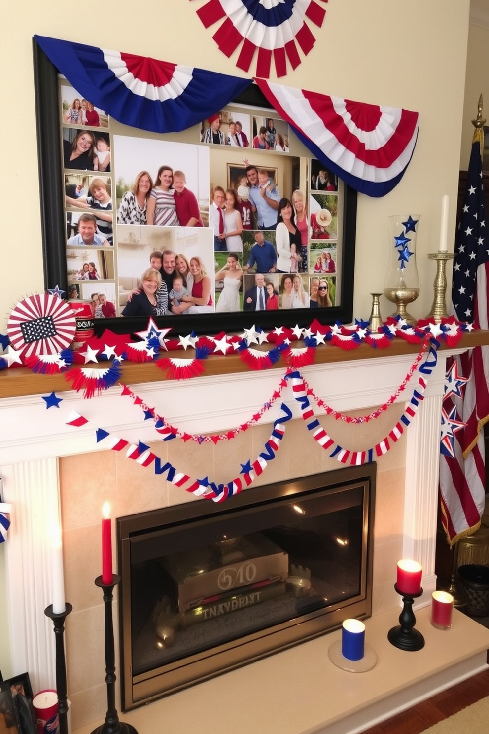 A festive Independence Day themed photo display featuring a collage of family pictures celebrating the holiday. The display is adorned with red white and blue decorations including stars and stripes accents. A cozy fireplace decorated for Independence Day with garlands of patriotic colors draped along the mantel. Flickering candles in red and blue holders add a warm glow to the festive atmosphere.