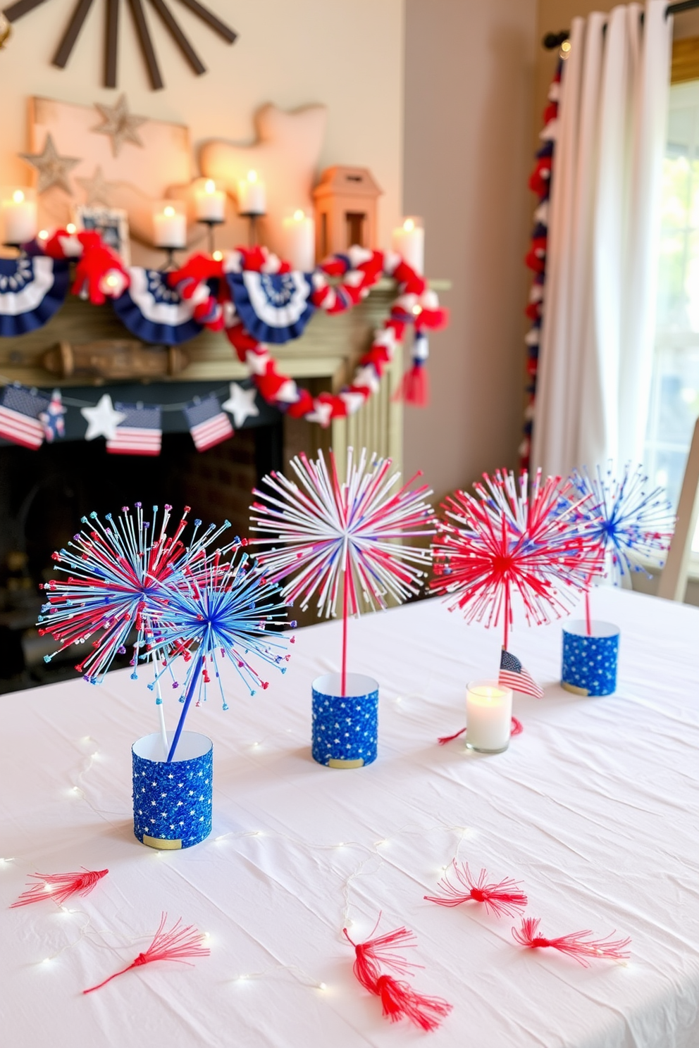 Tabletop fireworks decorations for ambiance. Colorful and festive fireworks centerpieces made from paper and glitter, arranged on a white tablecloth with small LED lights to enhance the celebration. Independence Day fireplace decorating ideas. A rustic fireplace adorned with red, white, and blue garlands, featuring miniature flags and candles in patriotic colors, creating a warm and inviting atmosphere for the holiday.