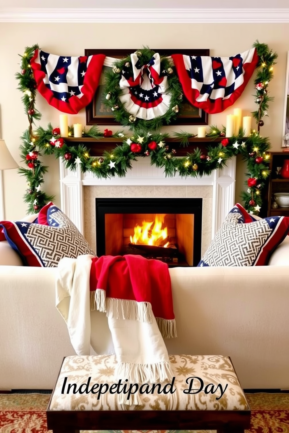 A cozy living room setting adorned with red white and blue blankets draped over a plush sofa. In front of the sofa, a warm fireplace is decorated with festive garlands and candles, creating a welcoming atmosphere for Independence Day celebrations.