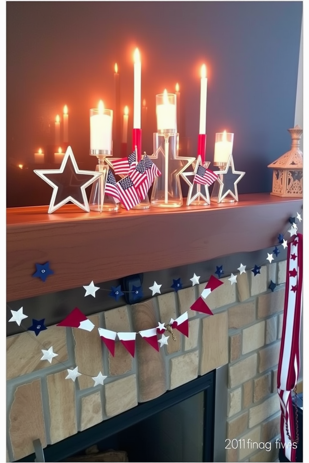 Candle holders shaped like stars are arranged on a rustic wooden mantel above a cozy fireplace. The warm glow of the candles illuminates the room, creating a festive atmosphere for Independence Day celebrations. Red, white, and blue accents are incorporated into the fireplace decor, with a garland of stars and stripes draped elegantly across the mantel. A collection of small American flags is placed in the candle holders, adding a patriotic touch to the festive arrangement.