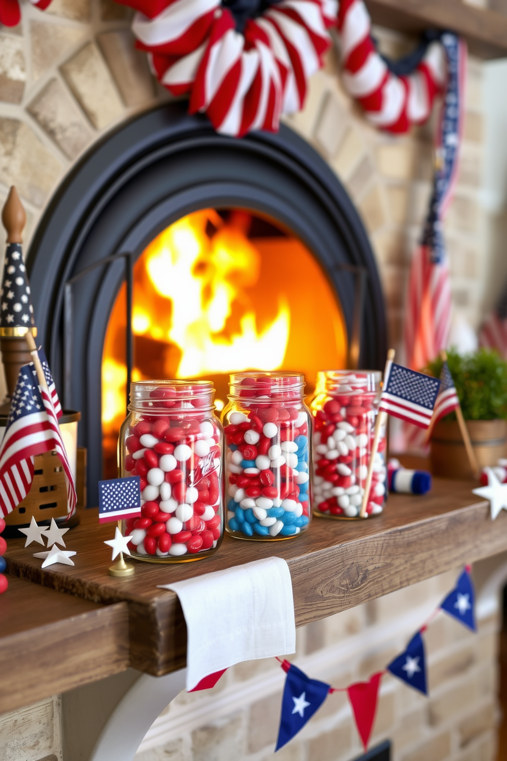 Create a festive Independence Day display featuring glass jars filled with red white and blue candies. Arrange the jars on a rustic wooden mantel alongside decorative elements like small American flags and stars. Incorporate a cozy fireplace setting with a warm glow from the flames. Surround the fireplace with patriotic-themed decorations that enhance the celebratory atmosphere.