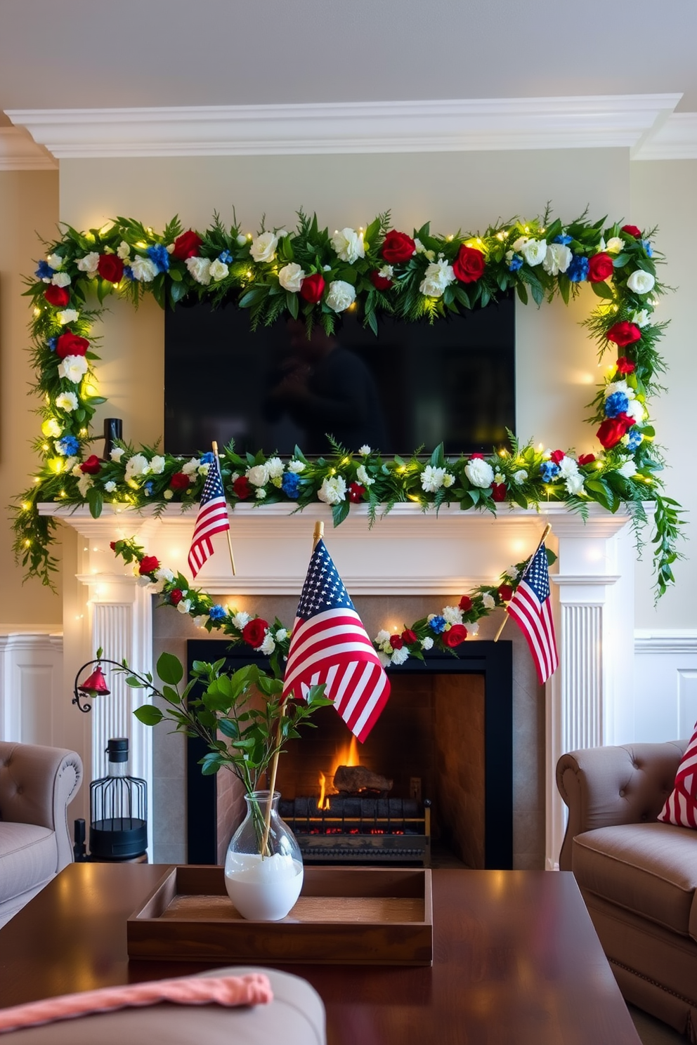 A cozy living room setting adorned with miniature American flags placed in decorative vases on a mantelpiece. The fireplace is elegantly decorated with garlands of red white and blue flowers and twinkling fairy lights for a festive Independence Day atmosphere.