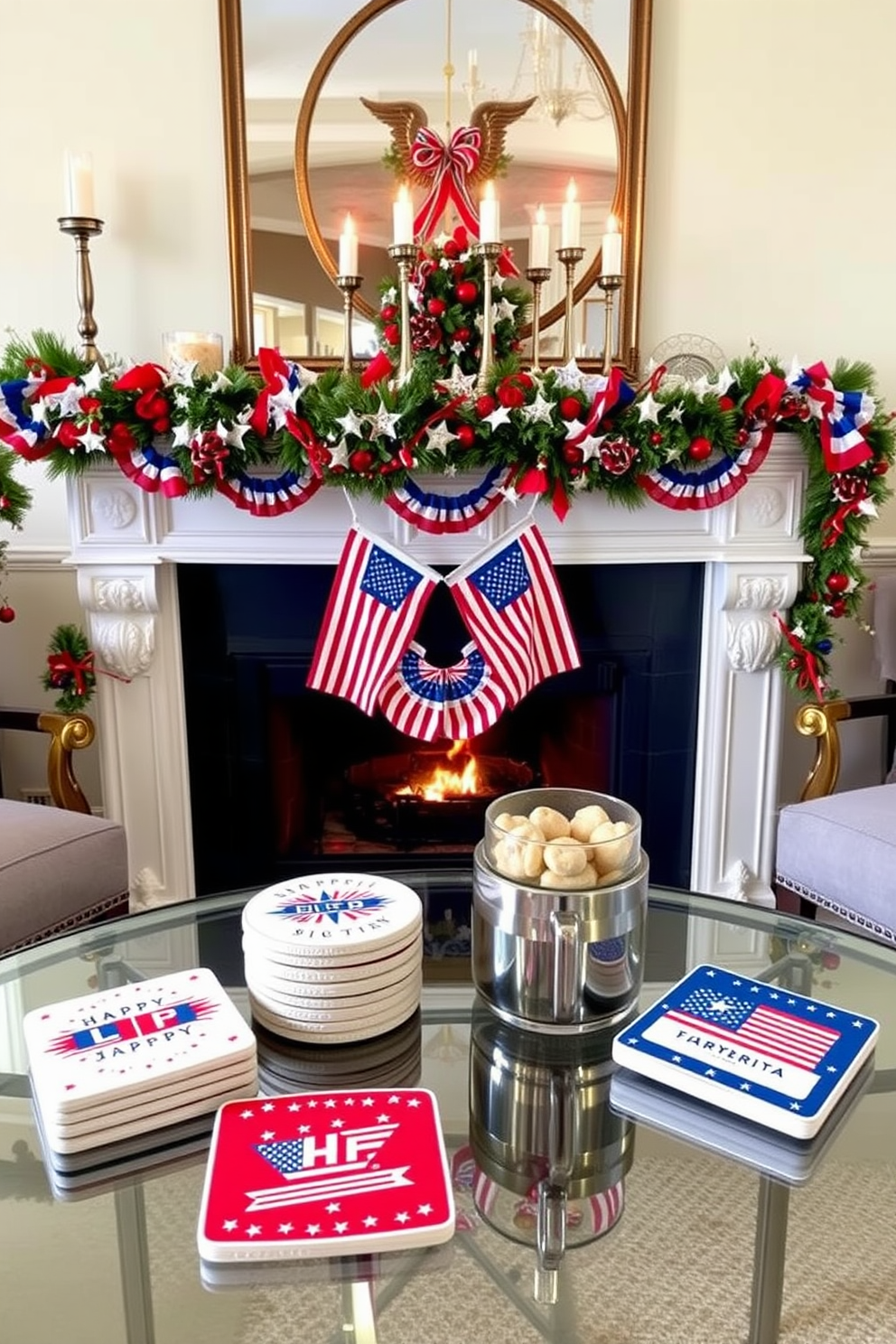 A collection of patriotic themed coasters is displayed on elegant side tables. Each coaster features vibrant red white and blue designs celebrating Independence Day. The fireplace is adorned with festive decorations for Independence Day. Red white and blue garlands and candles create a warm and inviting atmosphere.