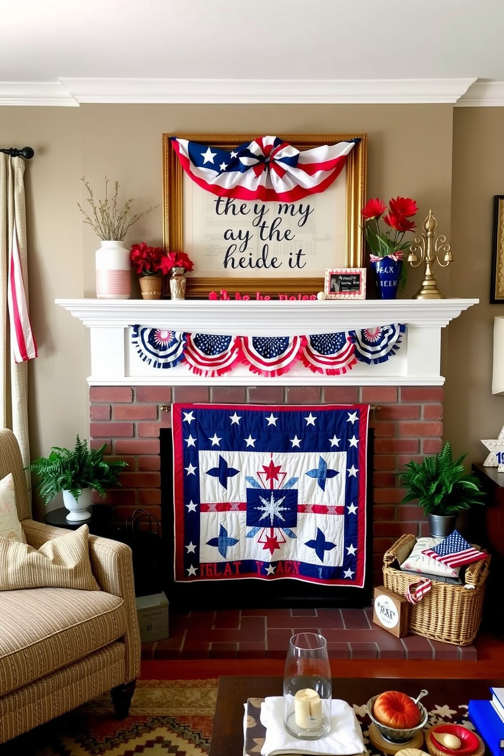 A cozy living room setting featuring a fireplace adorned with festive decorations for Independence Day. The mantel is decorated with a quilt that showcases stars and stripes, creating a patriotic atmosphere.