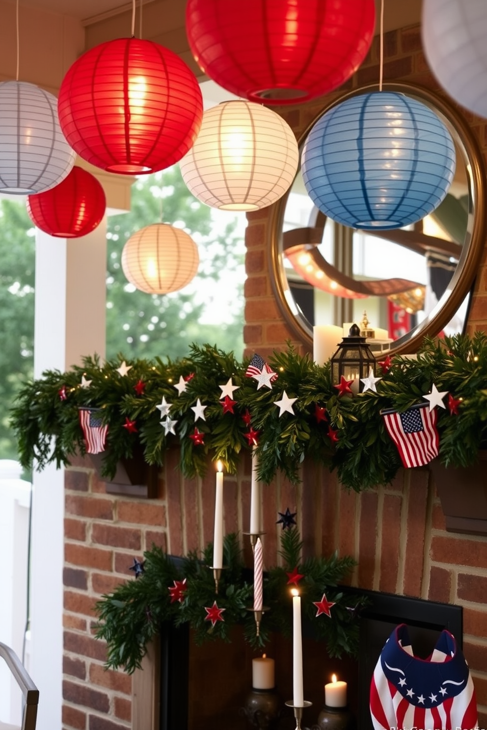 Hanging paper lanterns in red white and blue are strung across the patio creating a festive atmosphere for Independence Day celebrations. The lanterns sway gently in the breeze casting a warm glow that enhances the joyful spirit of the occasion. The fireplace is adorned with a garland of greenery interspersed with stars and stripes accents. Candles in varying heights are placed on the mantel creating a cozy and inviting focal point that complements the patriotic theme.