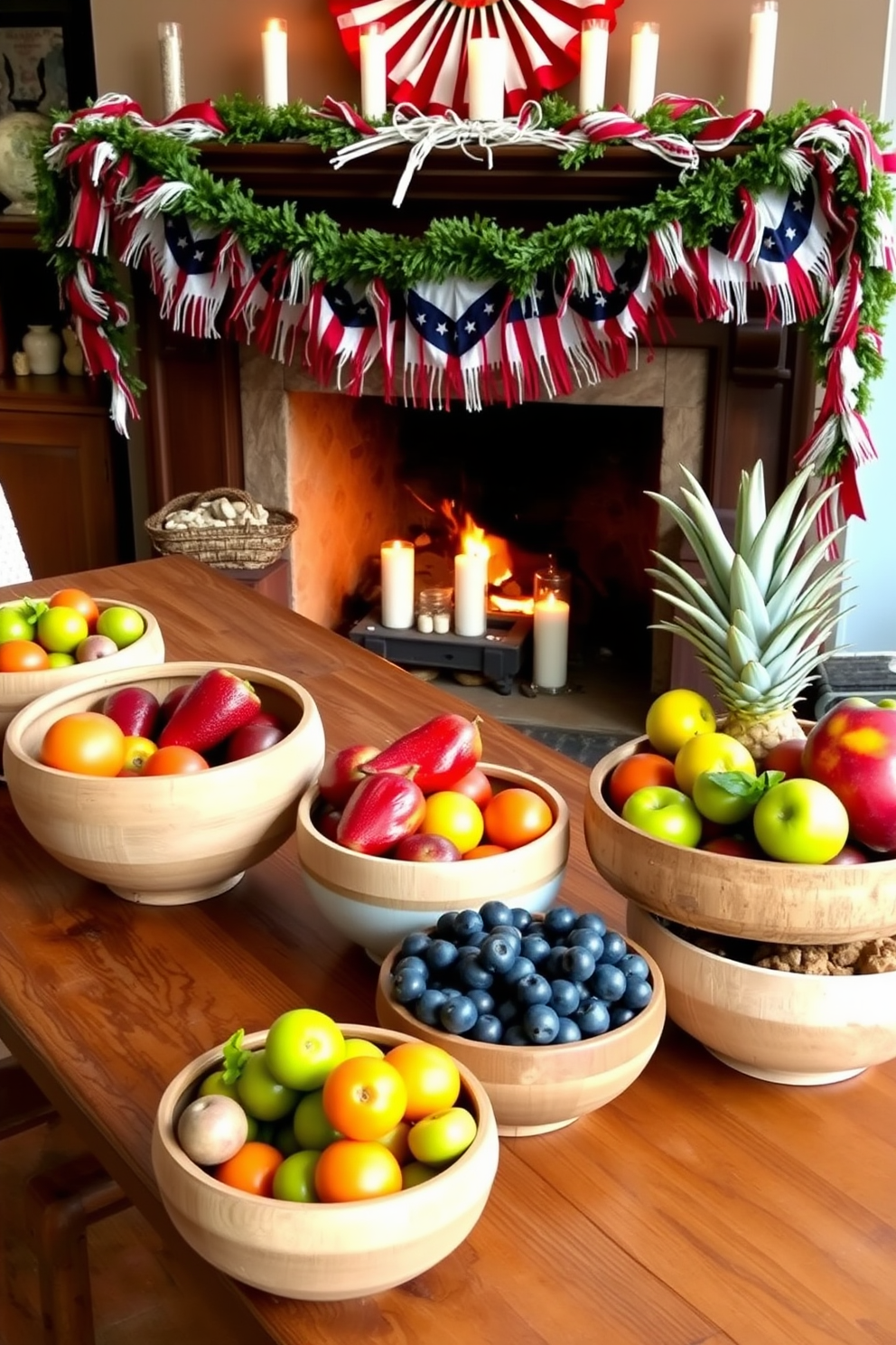 A collection of decorative bowls filled with vibrant seasonal fruits is arranged on a rustic wooden table. The bowls are crafted from natural materials, showcasing an array of colors that celebrate the bounty of summer. For Independence Day, the fireplace is adorned with red, white, and blue decorations. Festive garlands and candles create a warm and inviting atmosphere, perfect for celebrating the holiday with family and friends.