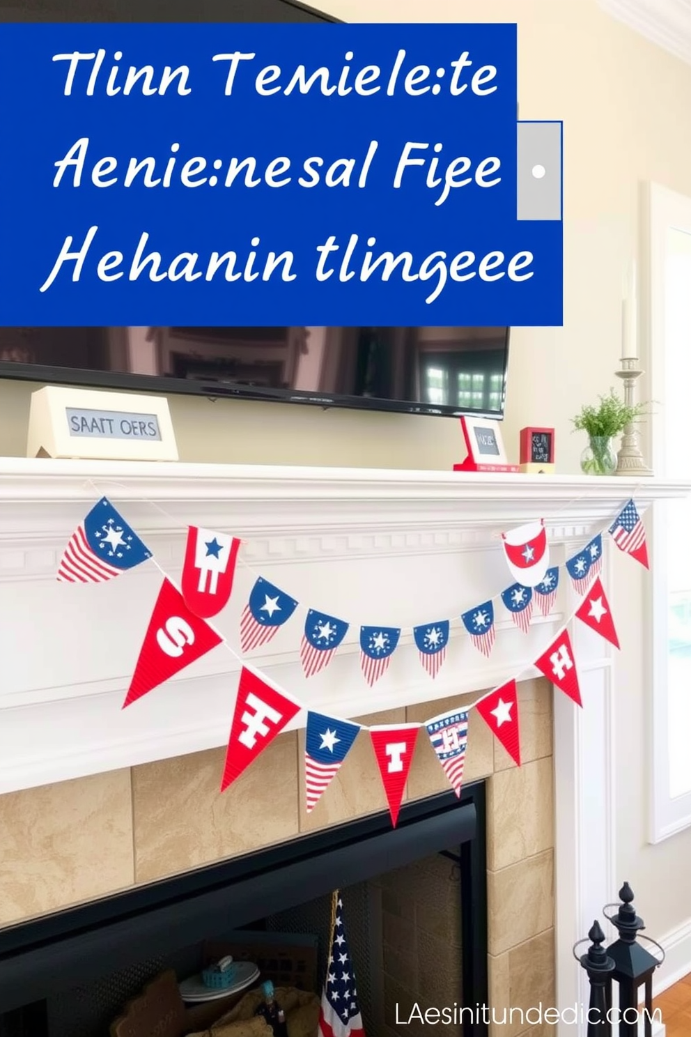 Mini banners strung along the mantel create a festive atmosphere for Independence Day. The banners feature red white and blue colors with stars and stripes adding a patriotic touch to the fireplace decor.