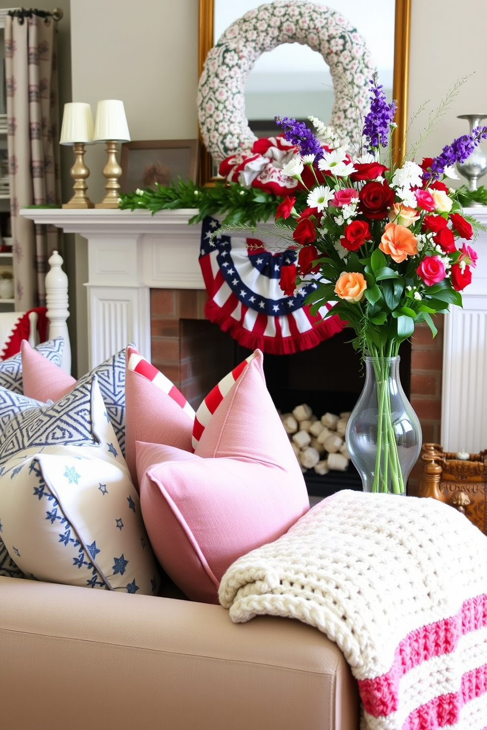 A cozy living room adorned with layered fabrics in red, white, and blue creates a festive atmosphere for Independence Day. The fireplace is elegantly decorated with a mix of patterned throw pillows, a soft knitted blanket, and a vibrant floral arrangement that captures the spirit of the holiday.