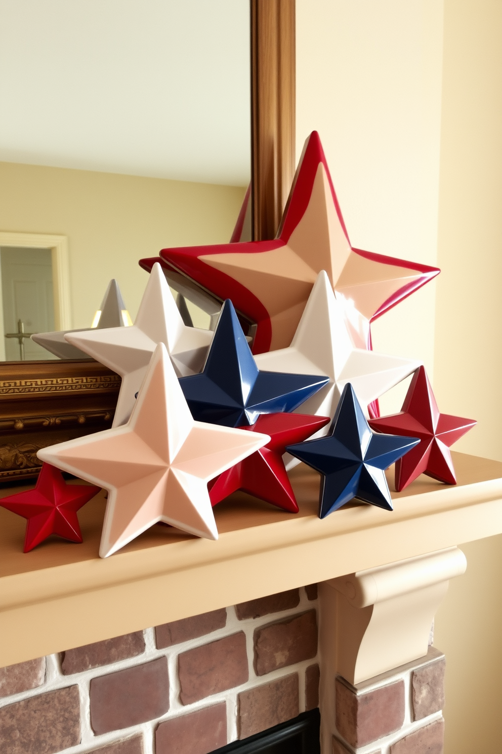 Ceramic stars in various sizes are artfully arranged on the mantel, celebrating the spirit of Independence Day. The stars are painted in red, white, and blue, adding a festive touch to the warm ambiance of the fireplace.