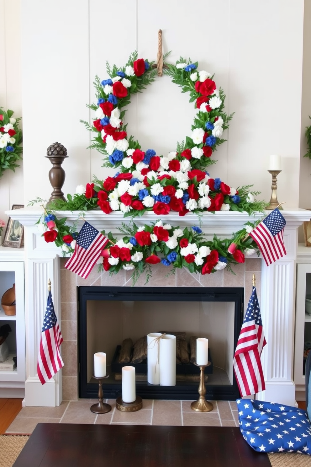 Create a cozy living room setting adorned with seasonal wreaths featuring vibrant red white and blue flowers to celebrate Independence Day. The fireplace is elegantly decorated with a garland of matching flowers draped across the mantel, complemented by patriotic candles and small American flags.