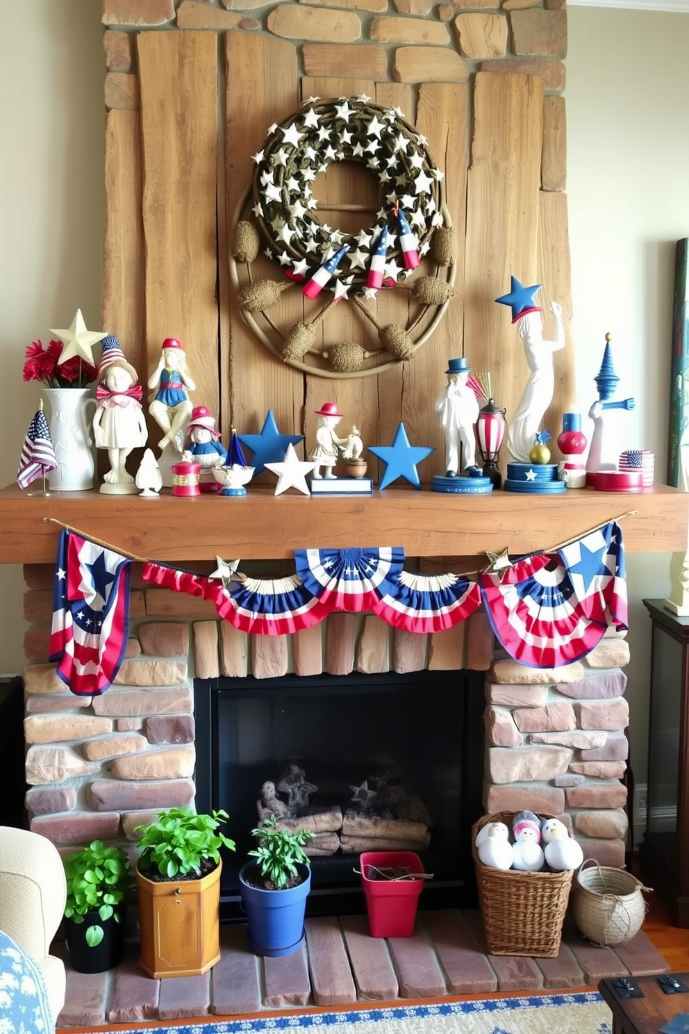 Create a cozy living room setting that celebrates Independence Day. Feature a rustic fireplace adorned with patriotic themed figurines and statues, showcasing red white and blue elements. The mantel is decorated with an array of stars and stripes accents. Include a few small potted plants for a touch of greenery and warmth in the space.