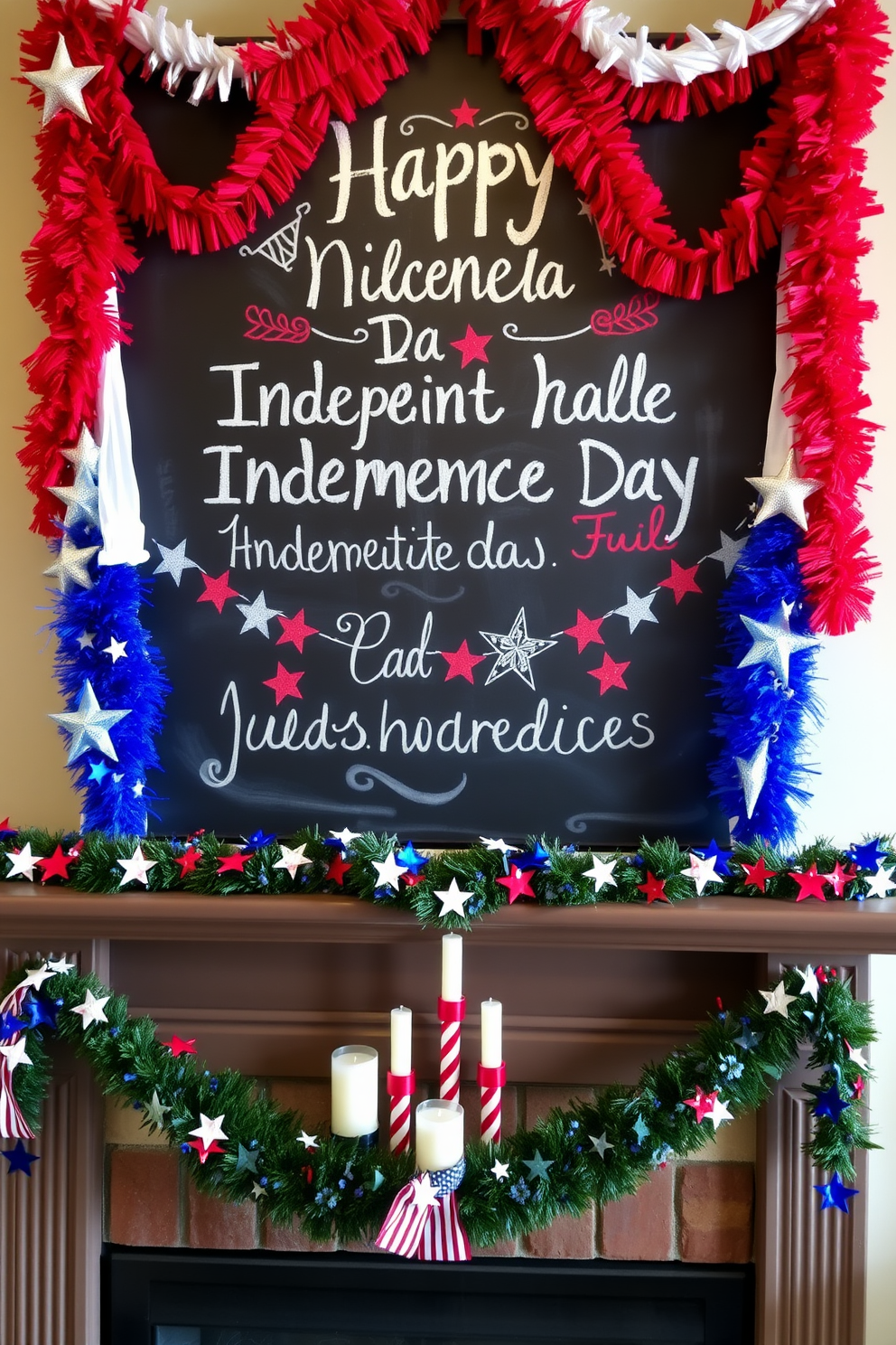 A chalkboard displays vibrant festive messages celebrating Independence Day. Red white and blue decorations frame the board creating a patriotic atmosphere. The fireplace is adorned with a garland of stars and stripes. Candles in red white and blue hues are placed on the mantel adding warmth to the festive decor.