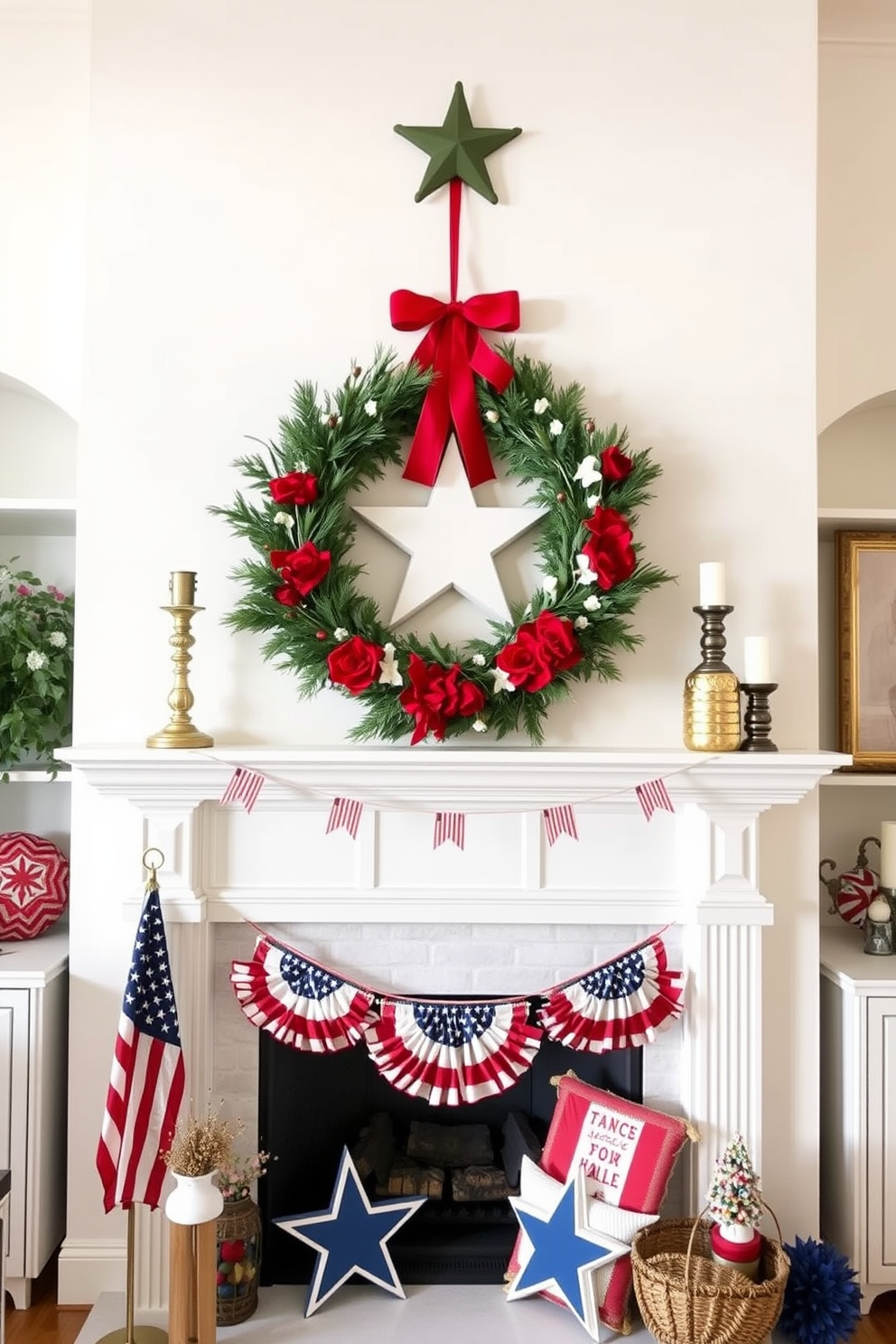 A star shaped wreath is elegantly hung above a classic fireplace adorned with patriotic decorations. The fireplace is surrounded by red white and blue accents creating a festive atmosphere for Independence Day celebrations.