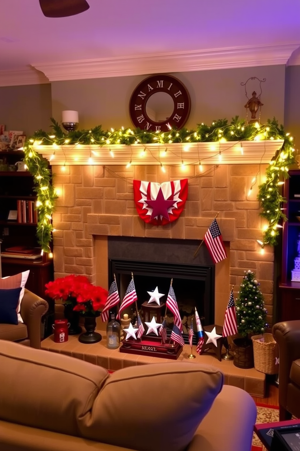 A cozy living room adorned with festive string lights creating a warm and inviting atmosphere. The lights are draped elegantly across the mantel, casting a soft glow on the surrounding decor. A patriotic display is arranged around the fireplace, featuring red, white, and blue accents. Small American flags and themed decorations are strategically placed to enhance the Independence Day spirit.