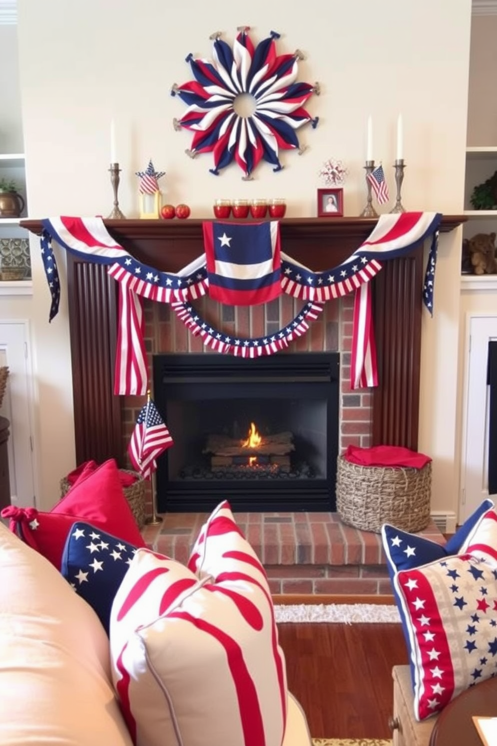 A cozy living room setting featuring a fireplace adorned with patriotic decorations for Independence Day. Nearby seating is enhanced with throw pillows in red white and blue patterns creating a festive atmosphere.