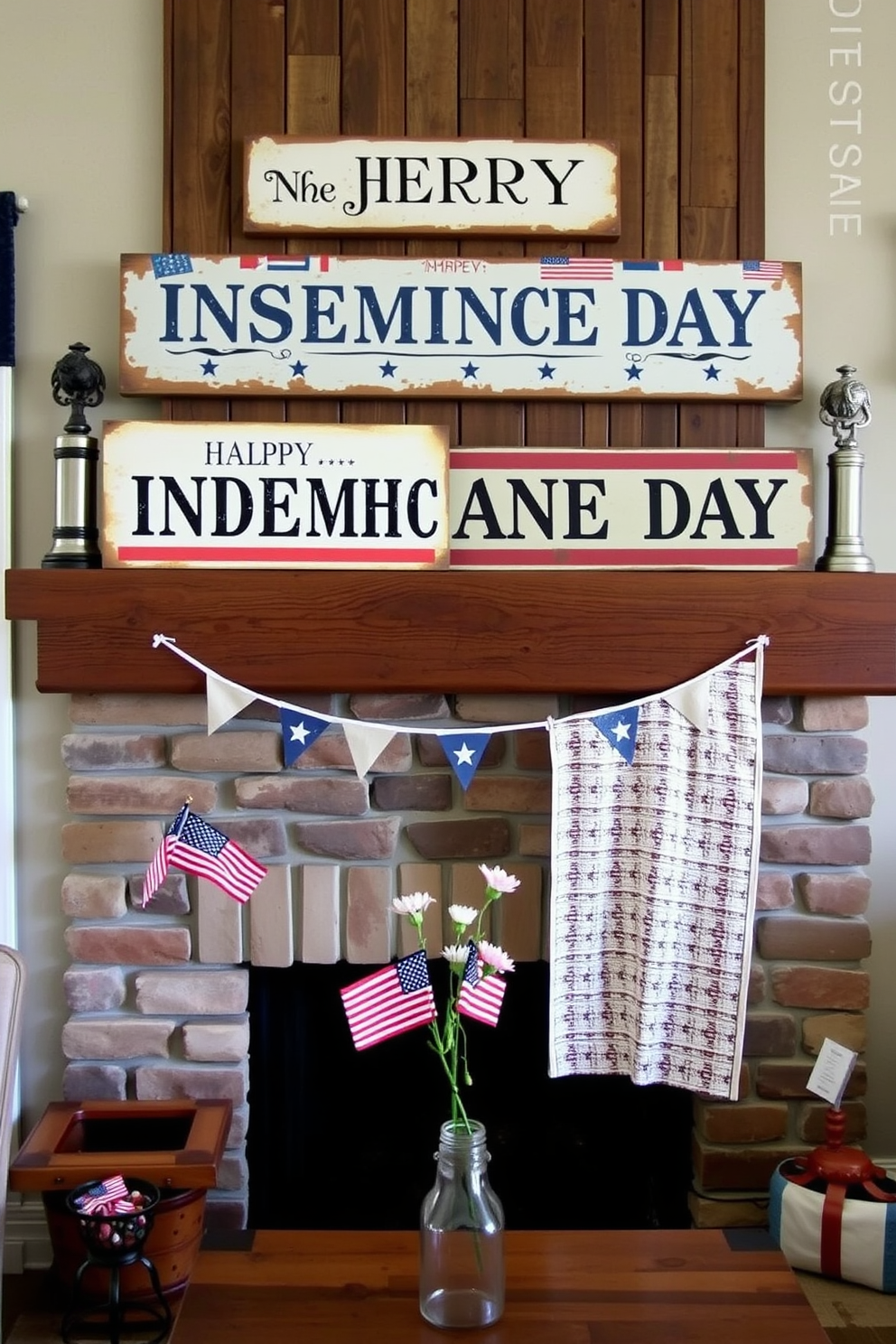 A cozy living room setting featuring a rustic mantel adorned with vintage Americana signs celebrating Independence Day. The fireplace is decorated with red white and blue accents including small flags and seasonal flowers in a mason jar.