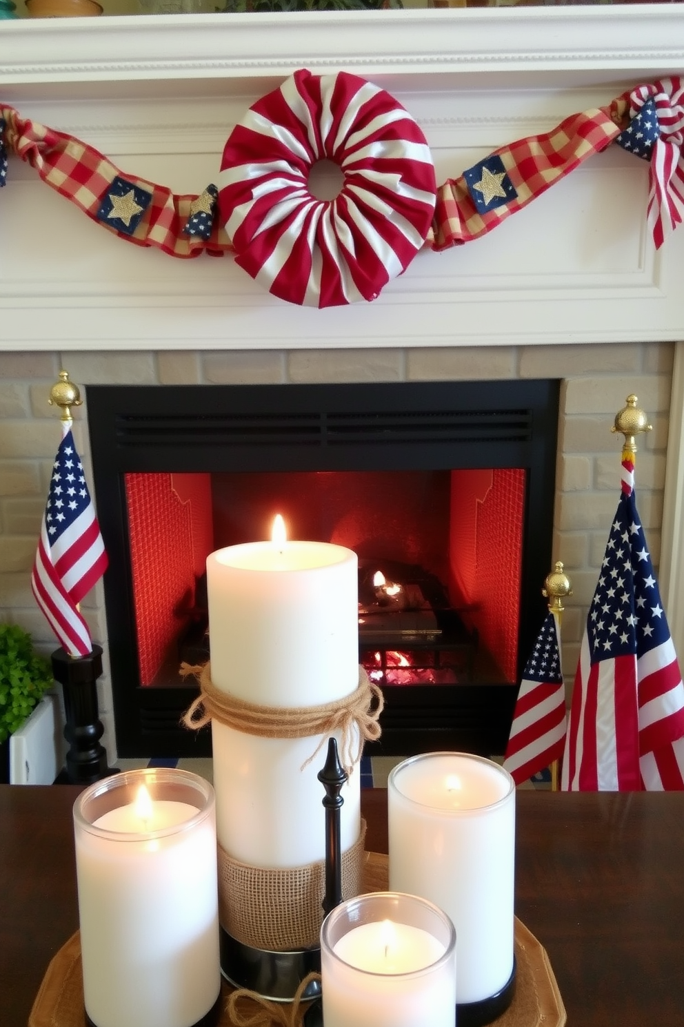 A cozy fireplace adorned for Independence Day features candles wrapped in burlap ribbon, creating a warm and inviting atmosphere. The flickering candlelight reflects off patriotic decorations, enhancing the festive spirit of the room.