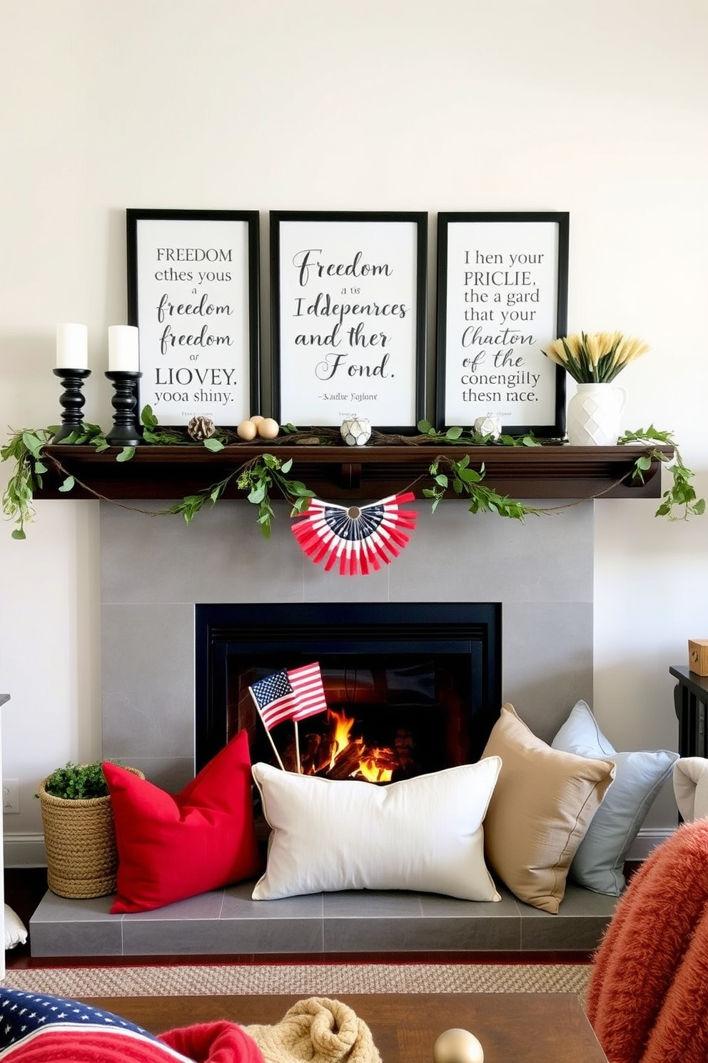 A cozy living room setting featuring a modern fireplace as the focal point. Above the mantel, framed quotes about freedom and independence are elegantly displayed, surrounded by tasteful decor. The fireplace is adorned with a mix of natural elements and festive decorations for Independence Day. Red, white, and blue accents are incorporated through cushions and throws, creating a warm and inviting atmosphere.