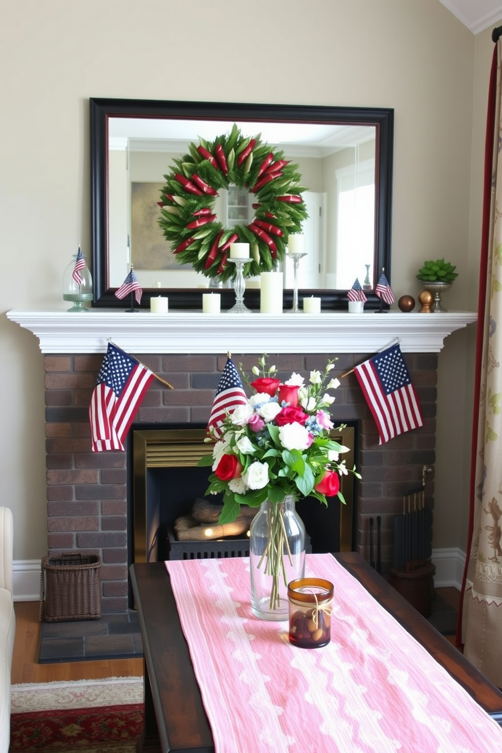 A cozy living room setting featuring a fireplace adorned with a red and white striped table runner. The mantel is decorated with small American flags, candles, and a floral arrangement in patriotic colors to celebrate Independence Day.