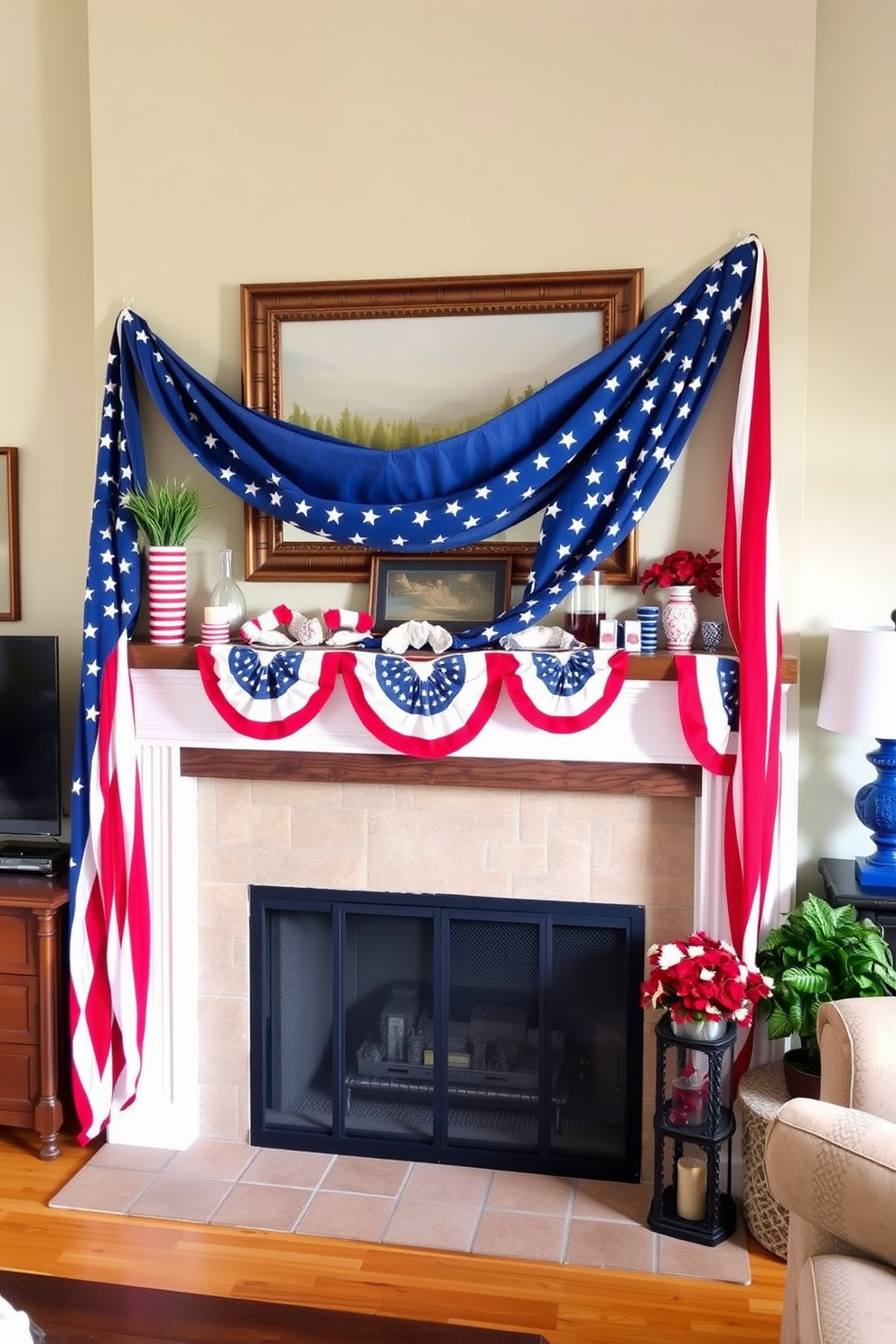 A cozy living room adorned with stars and stripes bunting draped elegantly across the fireplace. The fireplace itself is framed by a rustic mantel decorated with red, white, and blue accents, creating a festive atmosphere for Independence Day celebrations.