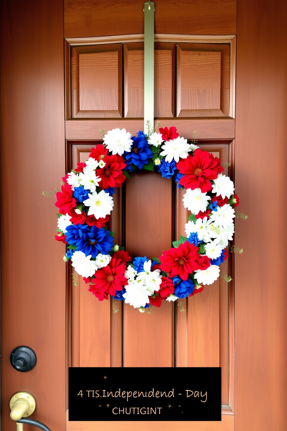 A patriotic wreath adorned with vibrant red white and blue flowers hangs elegantly on the front door. The wreath is complemented by a rustic wooden door that adds a warm touch to the festive decor for Independence Day.