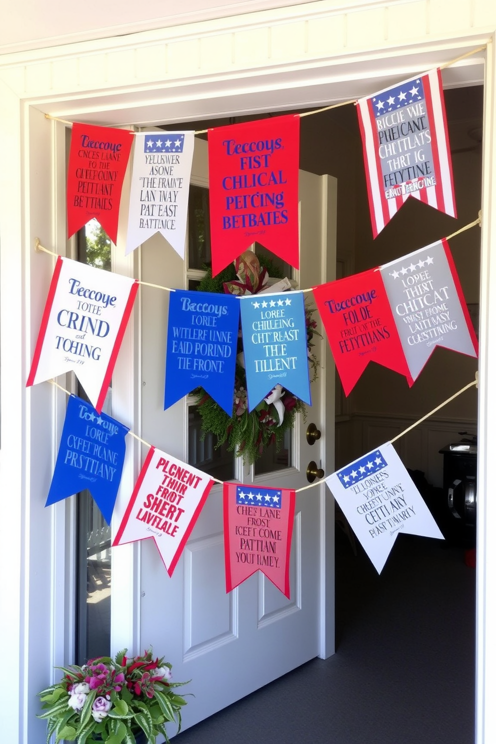 A festive front door adorned with vibrant hanging flags featuring patriotic quotes in bold lettering. The flags are arranged in a playful manner, creating a welcoming atmosphere that celebrates Independence Day.