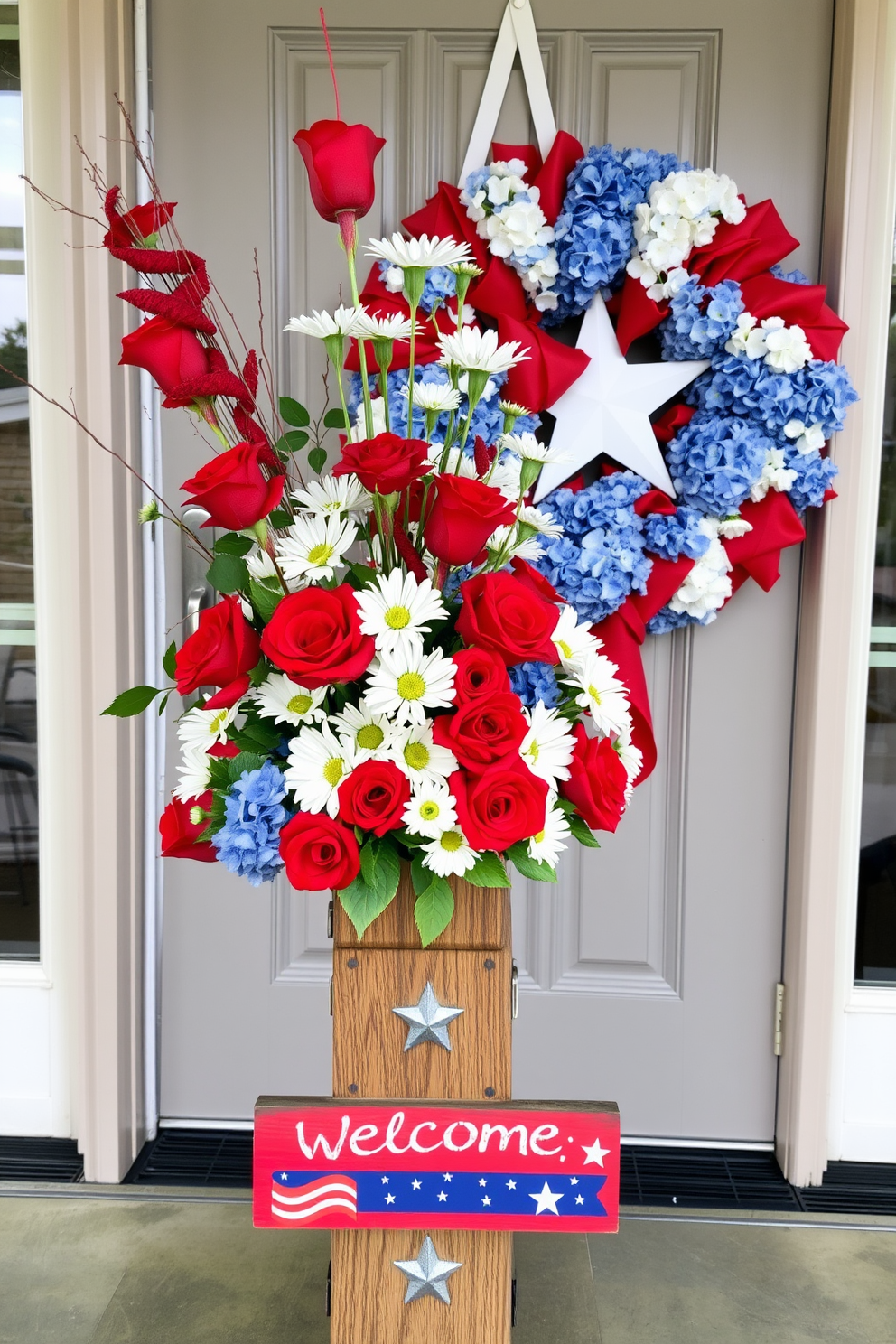 A stunning floral arrangement inspired by Independence Day. The centerpiece features vibrant red roses, white daisies, and blue hydrangeas, arranged in a rustic wooden vase adorned with a subtle star pattern. A beautifully decorated front door to celebrate Independence Day. The door is adorned with a large red, white, and blue wreath made of artificial flowers, and a welcome sign hangs beneath it, featuring stars and stripes.