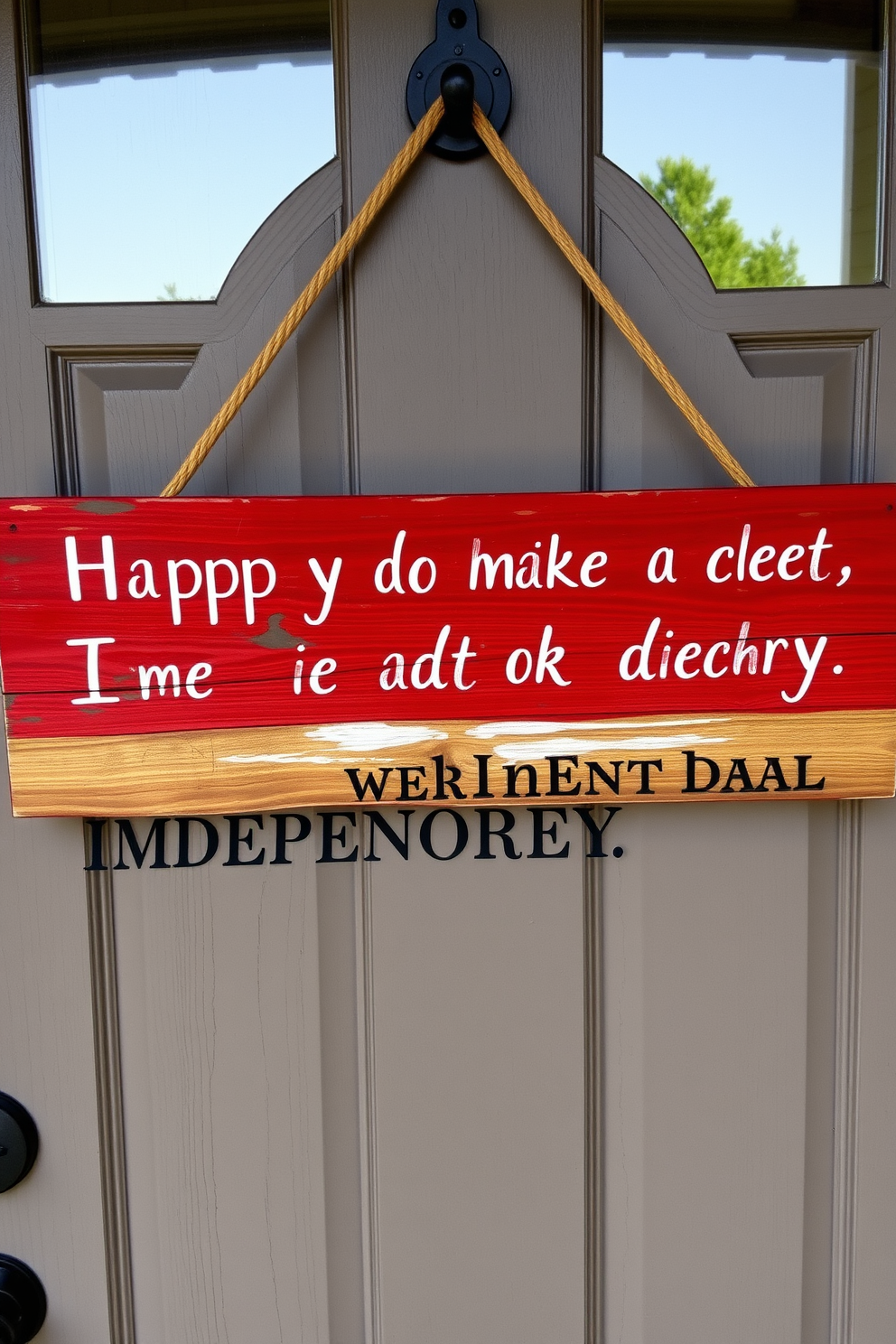 A rustic wooden sign hangs proudly on the front door, emblazoned with a heartfelt liberty message to celebrate Independence Day. The weathered wood features a distressed finish, adding charm and character to the festive decor.