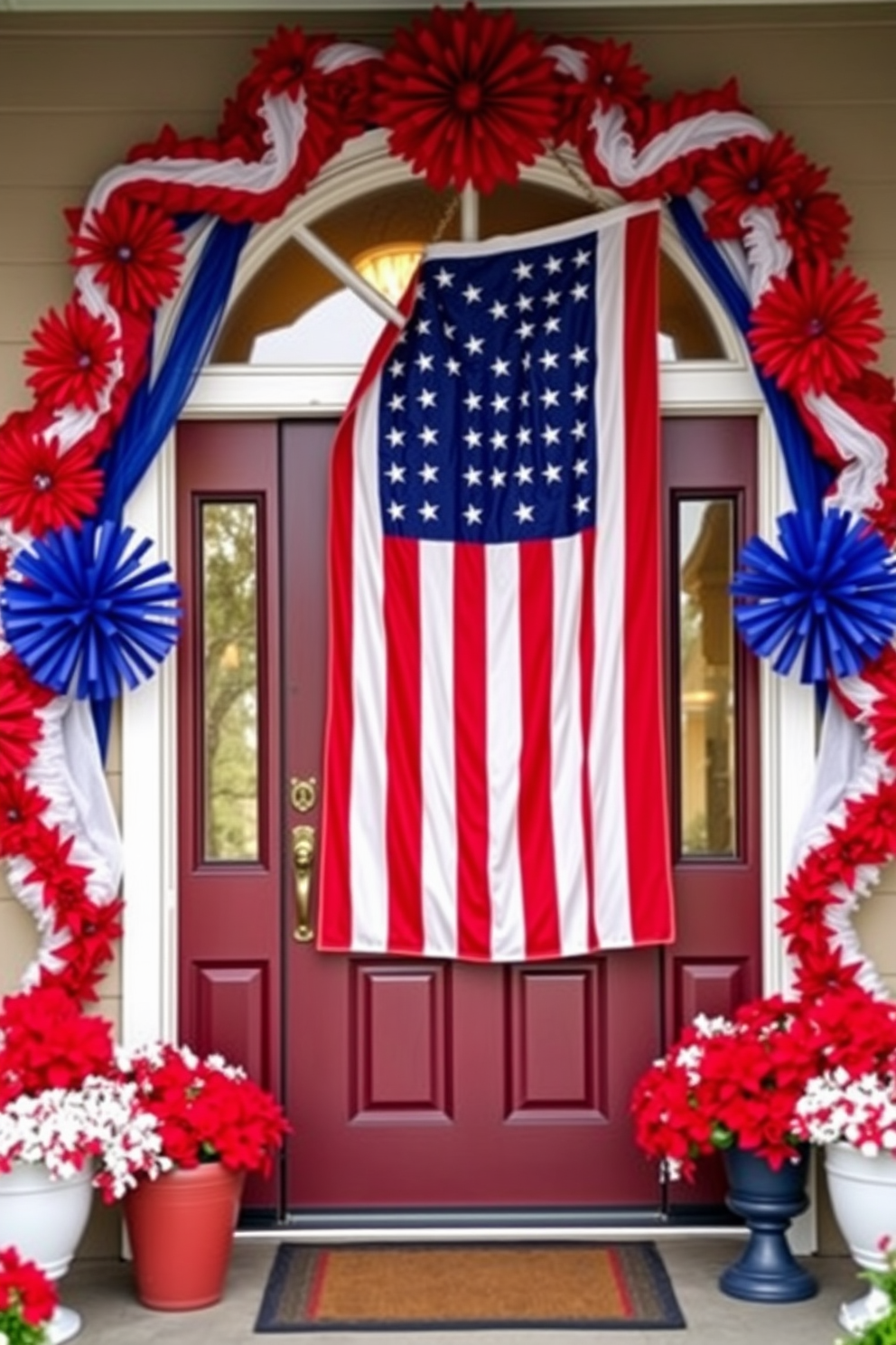 A festive front door adorned with a star spangled banner draped elegantly across the entrance. Complementing the banner, vibrant red white and blue decorations frame the door creating a warm and inviting atmosphere for Independence Day celebrations.