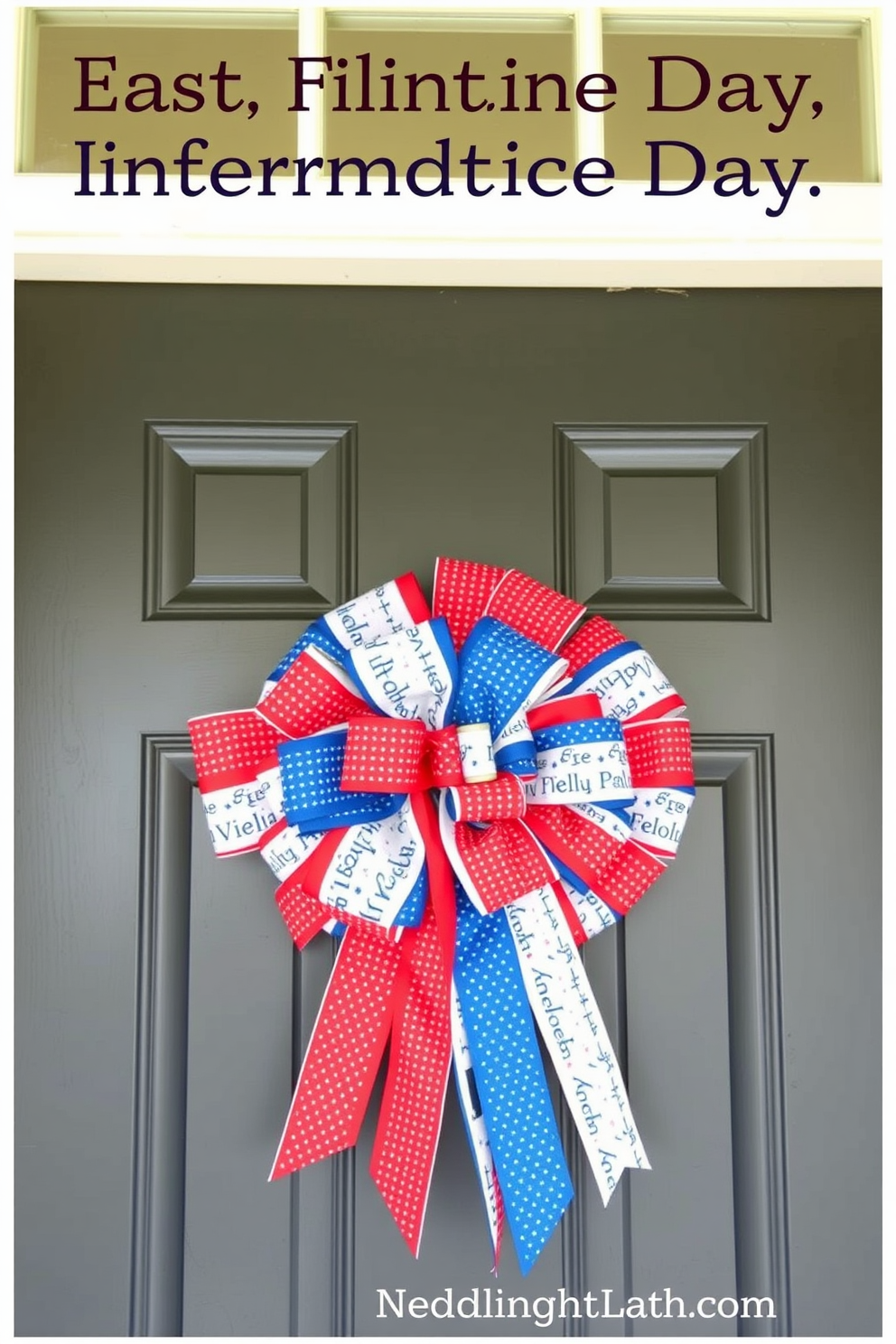 A vibrant patriotic bow made of red white and blue fabric strips adorns the front door. The bow features a mix of textures and patterns creating a festive and inviting atmosphere for Independence Day celebrations.